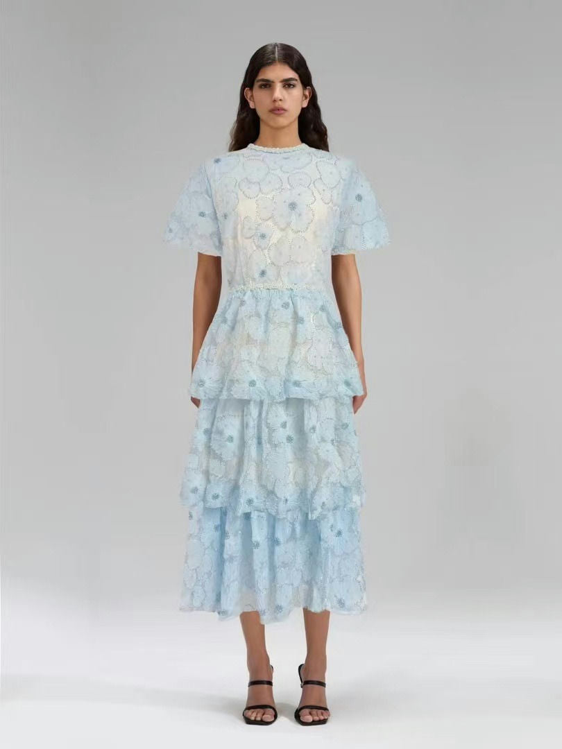Maxi Dress with Short Sleeves and Layered Sheer Skirt - Blue