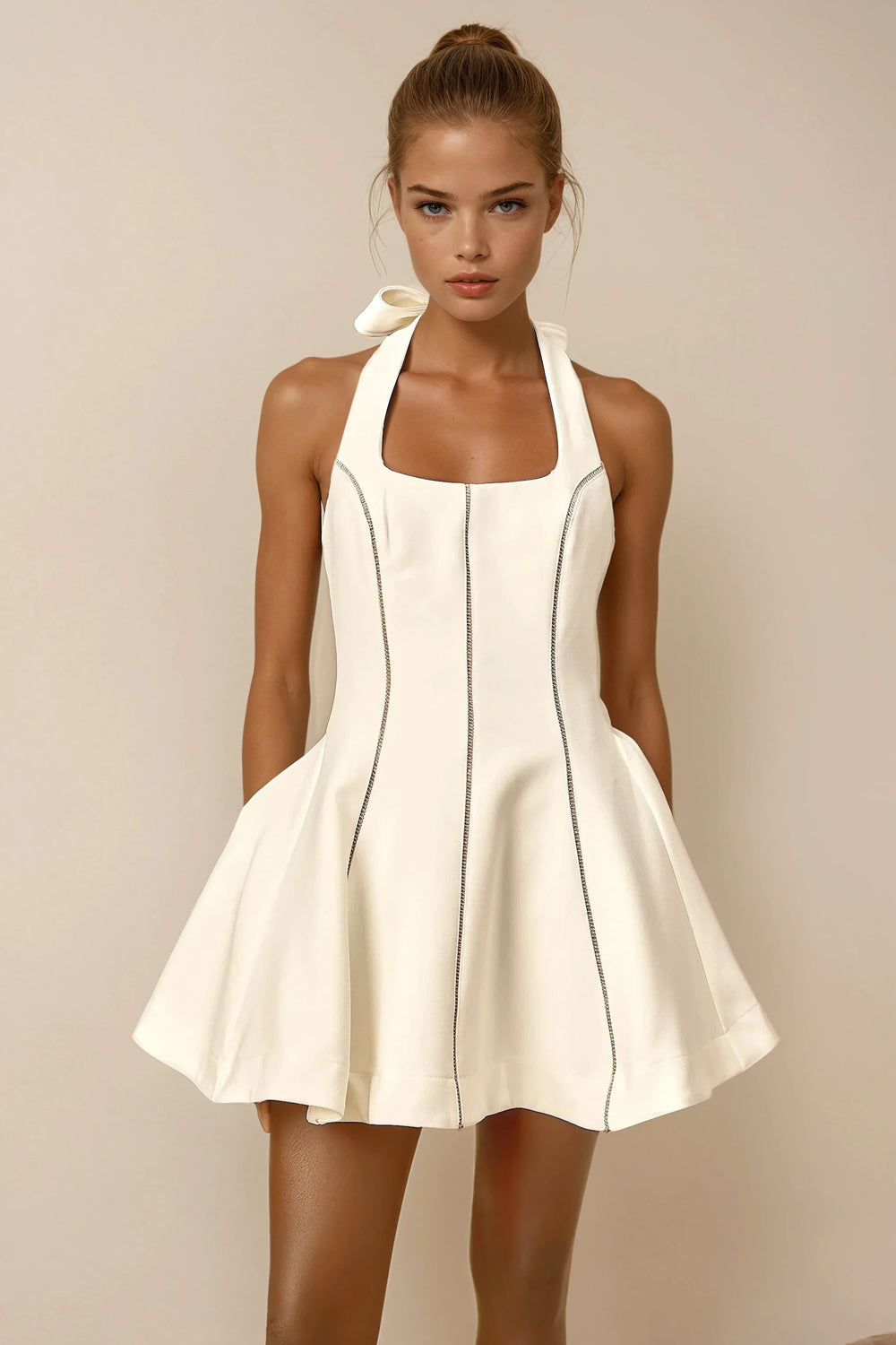 Halter Mini Dress with Flared Hem - White