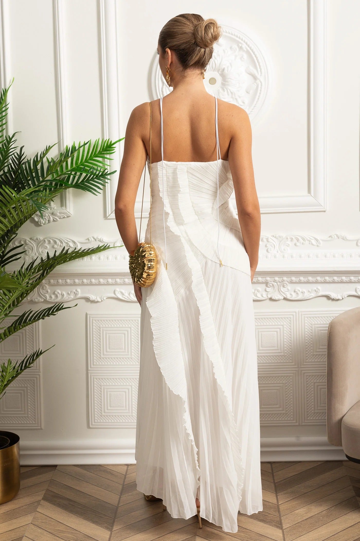 Pleated Maxi Dress With Asymmetric Ruffles and Crisscross Straps - White