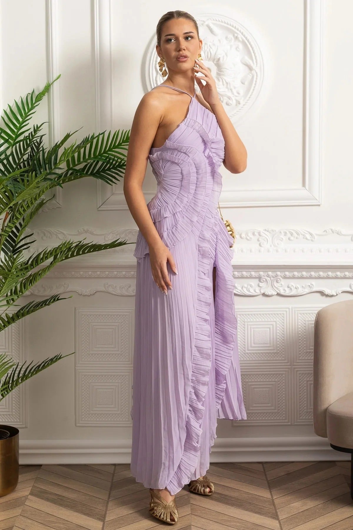 Pleated Maxi Dress With Asymmetric Ruffles and Crisscross Straps - Purple