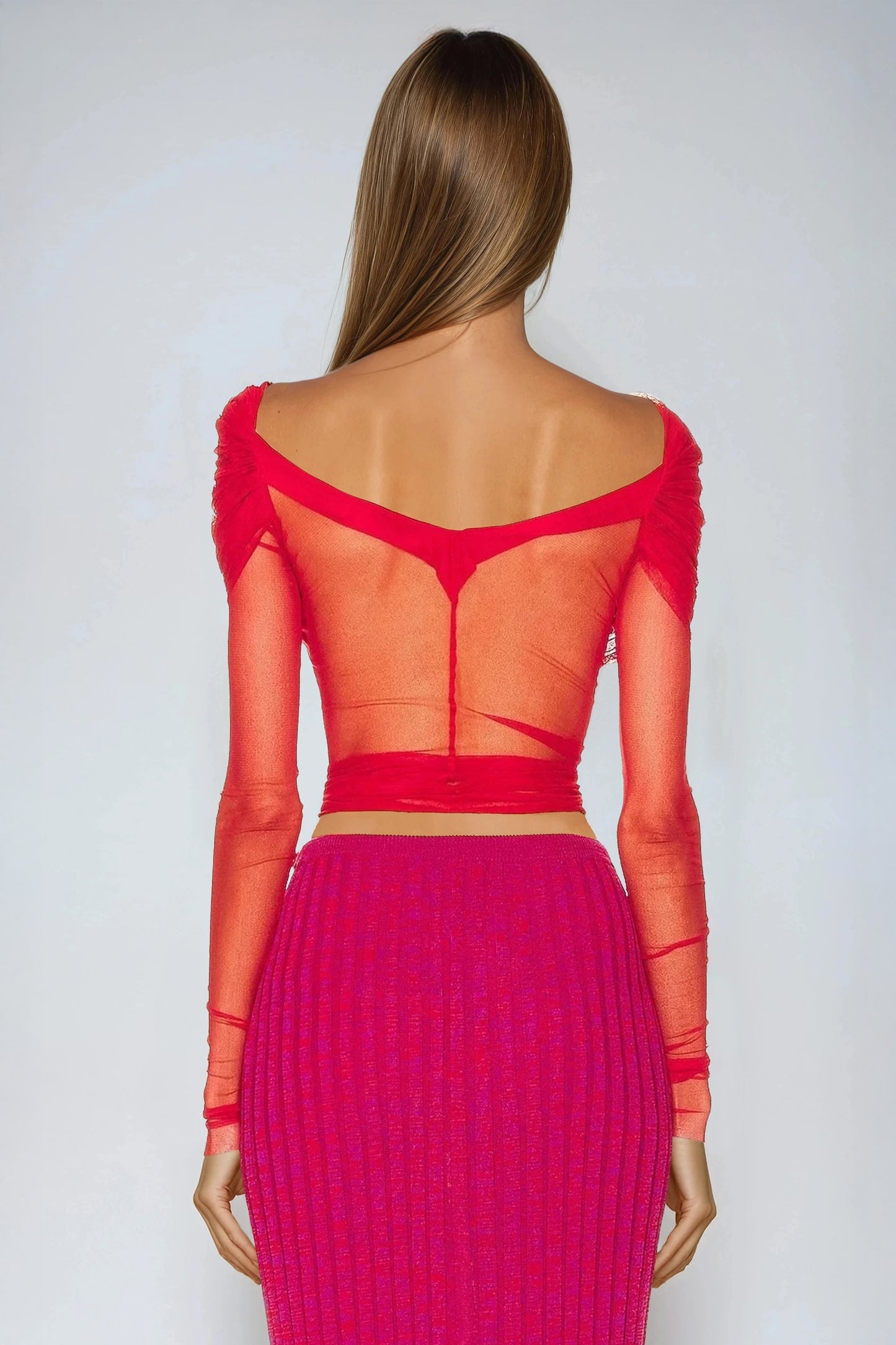 Long Sleeve Mesh Ruched Off-Shoulder Top - Red