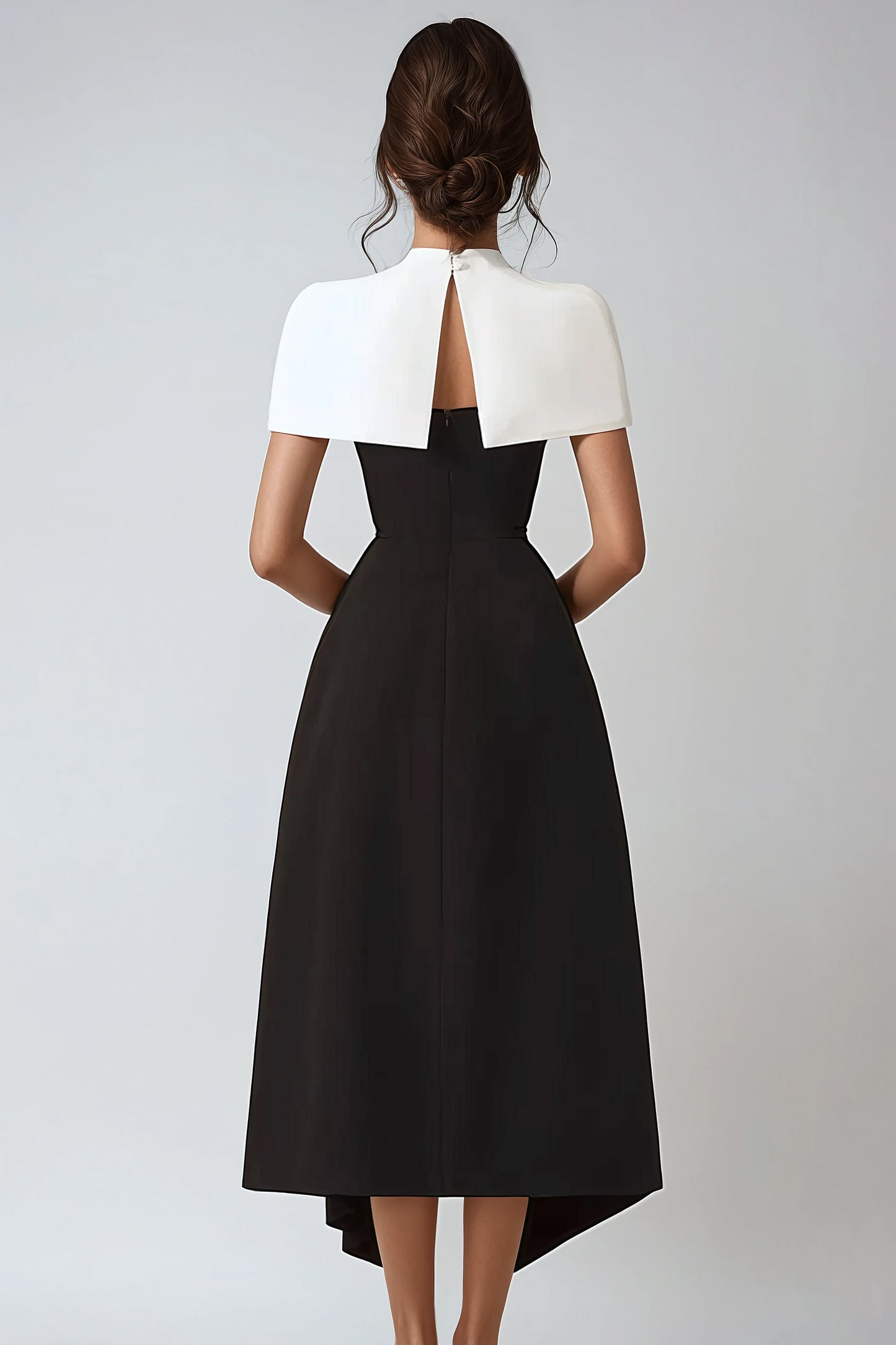 Draped Midi Dress with Cape Accent - Black