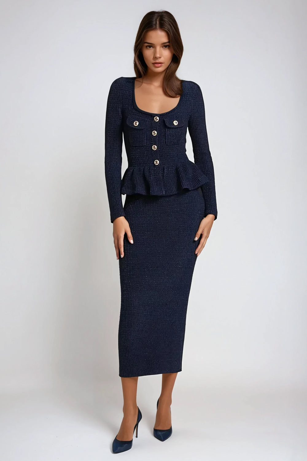Square Neck Long Sleeve Midi Dress - Blue