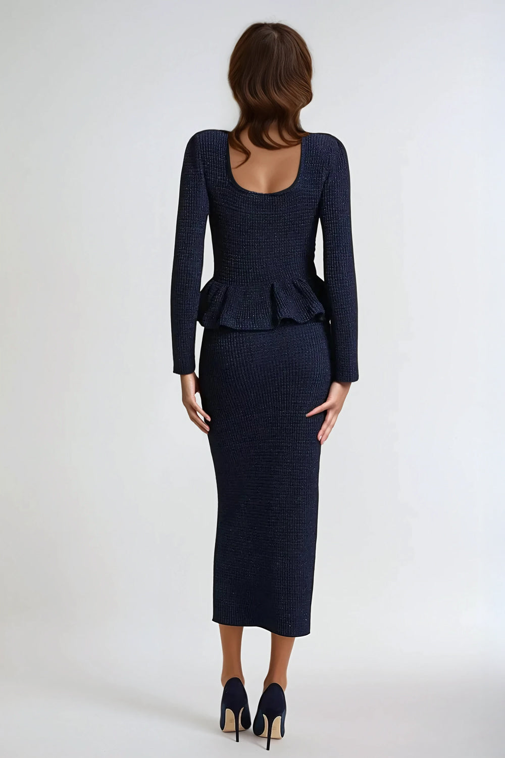 Square Neck Long Sleeve Midi Dress - Blue