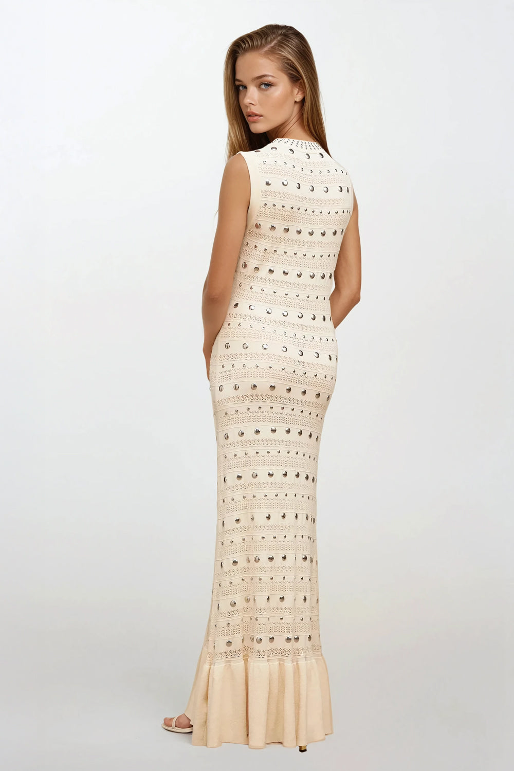 Knitted Sleeveless Maxi Dress with Metallic Accent - Apricot