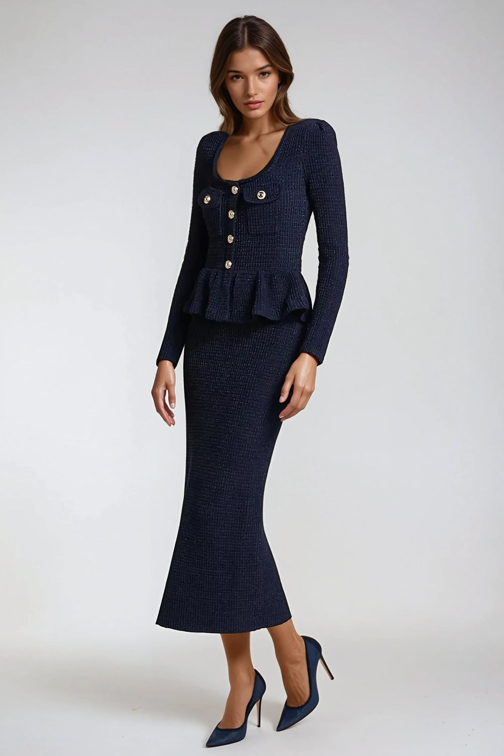 Square Neck Long Sleeve Midi Dress - Blue