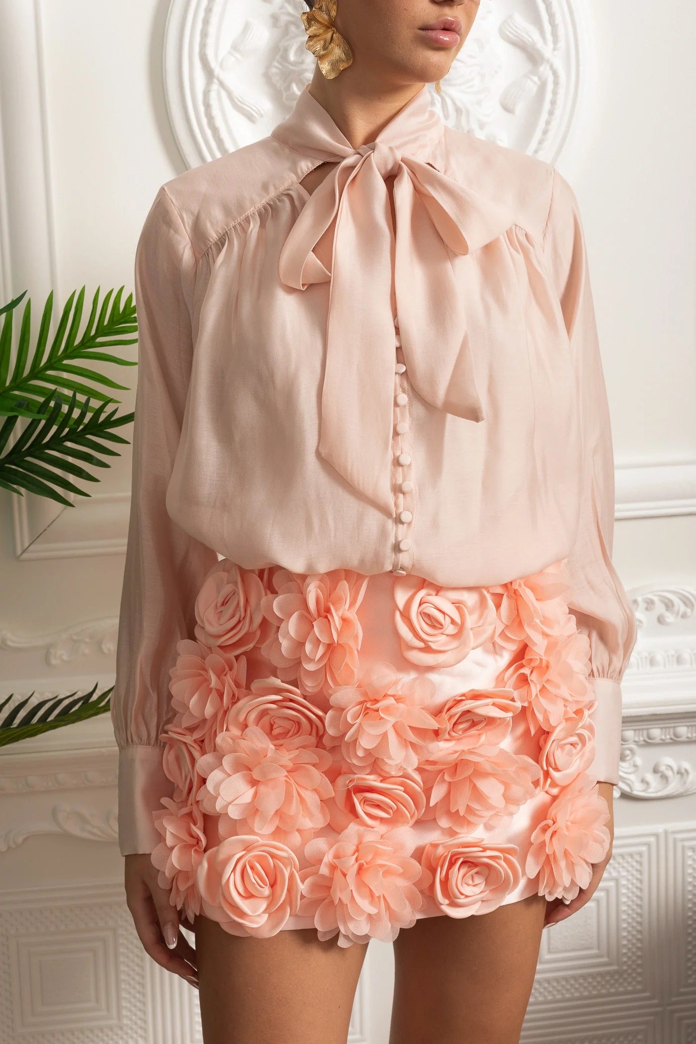 Bow Neck Blouse and 3D Floral Appliqué Mini Skirt Set - Pink