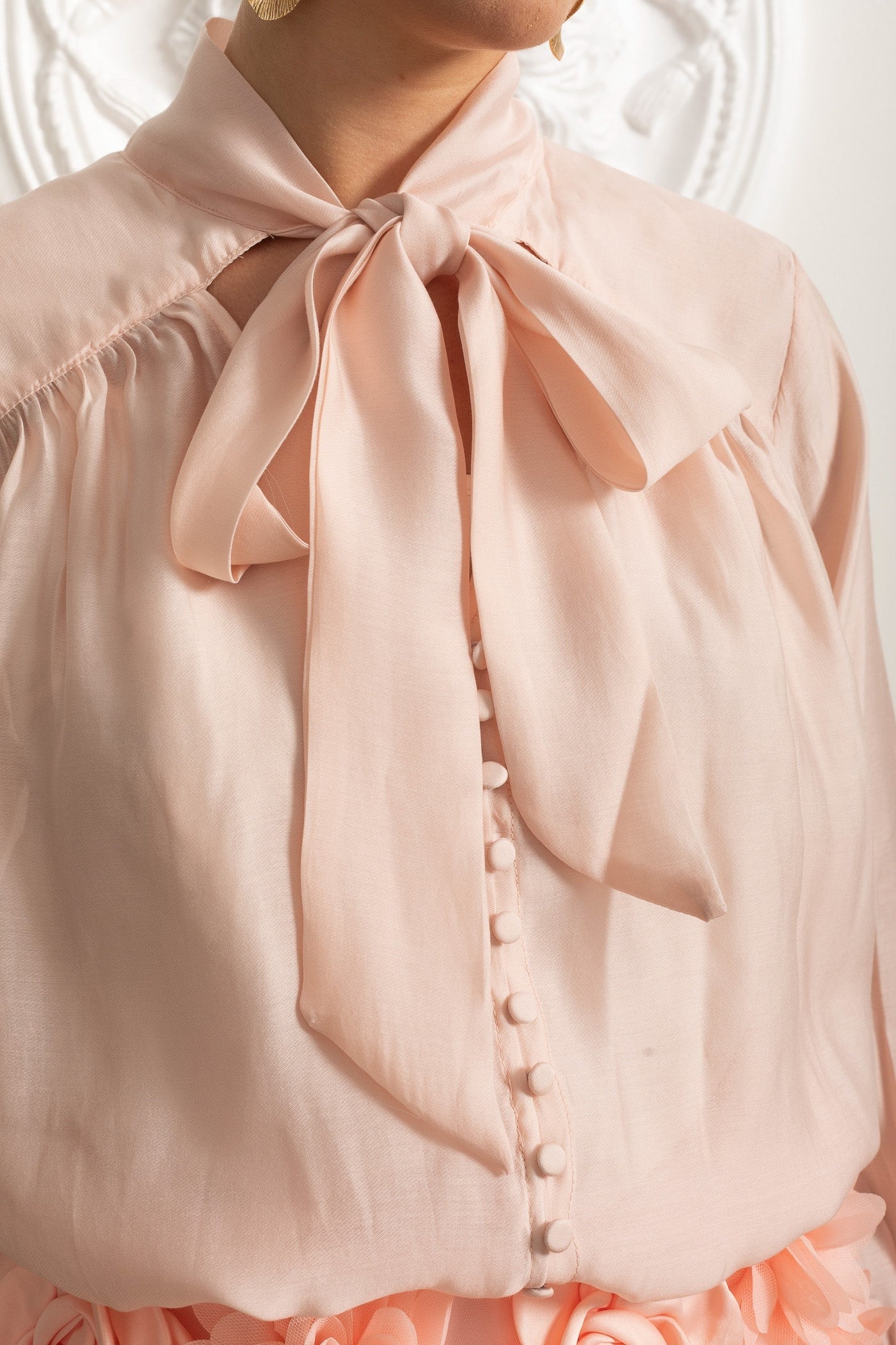 Bow Neck Blouse and 3D Floral Appliqué Mini Skirt Set - Pink