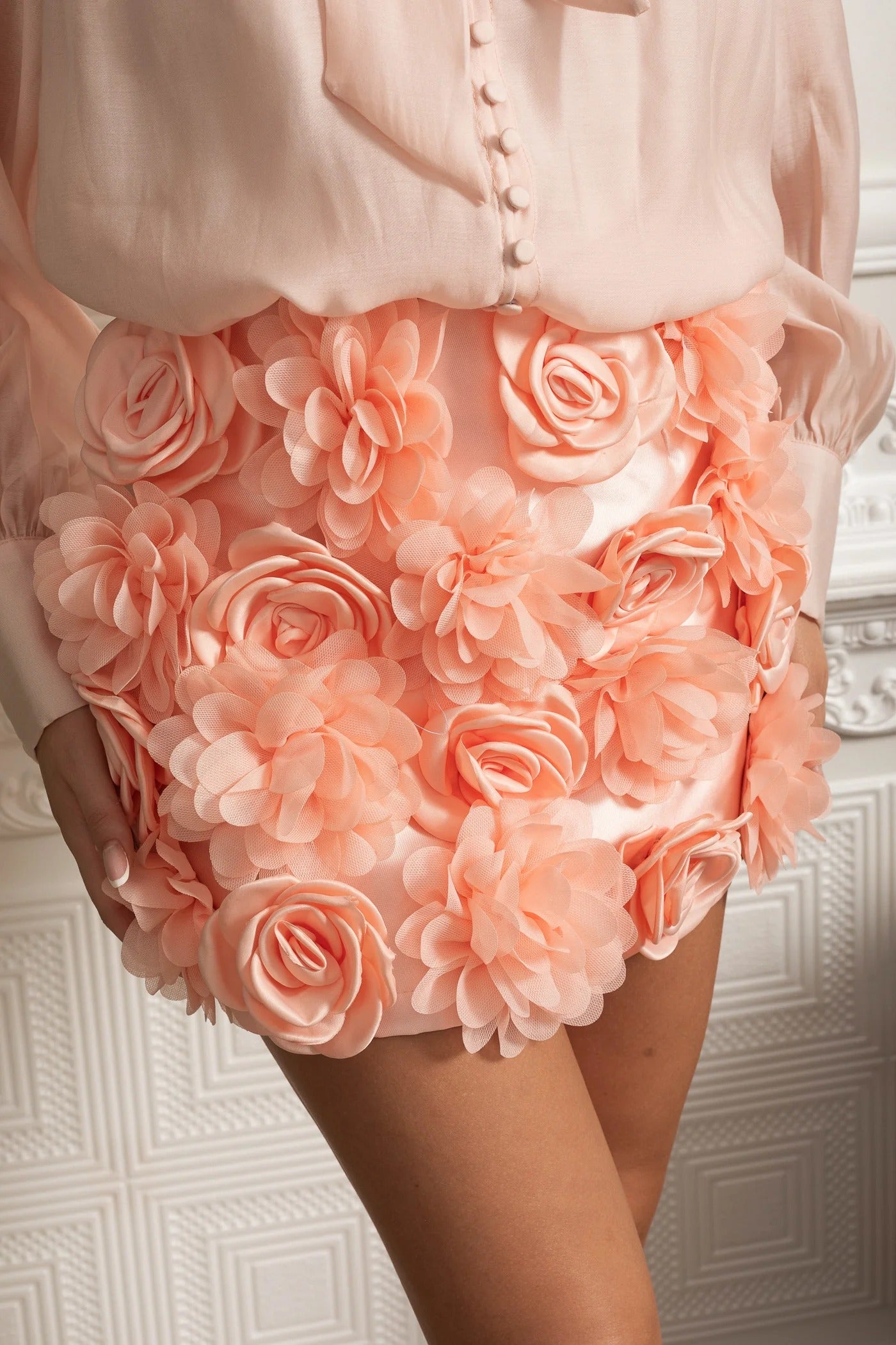 Bow Neck Blouse and 3D Floral Appliqué Mini Skirt Set - Pink