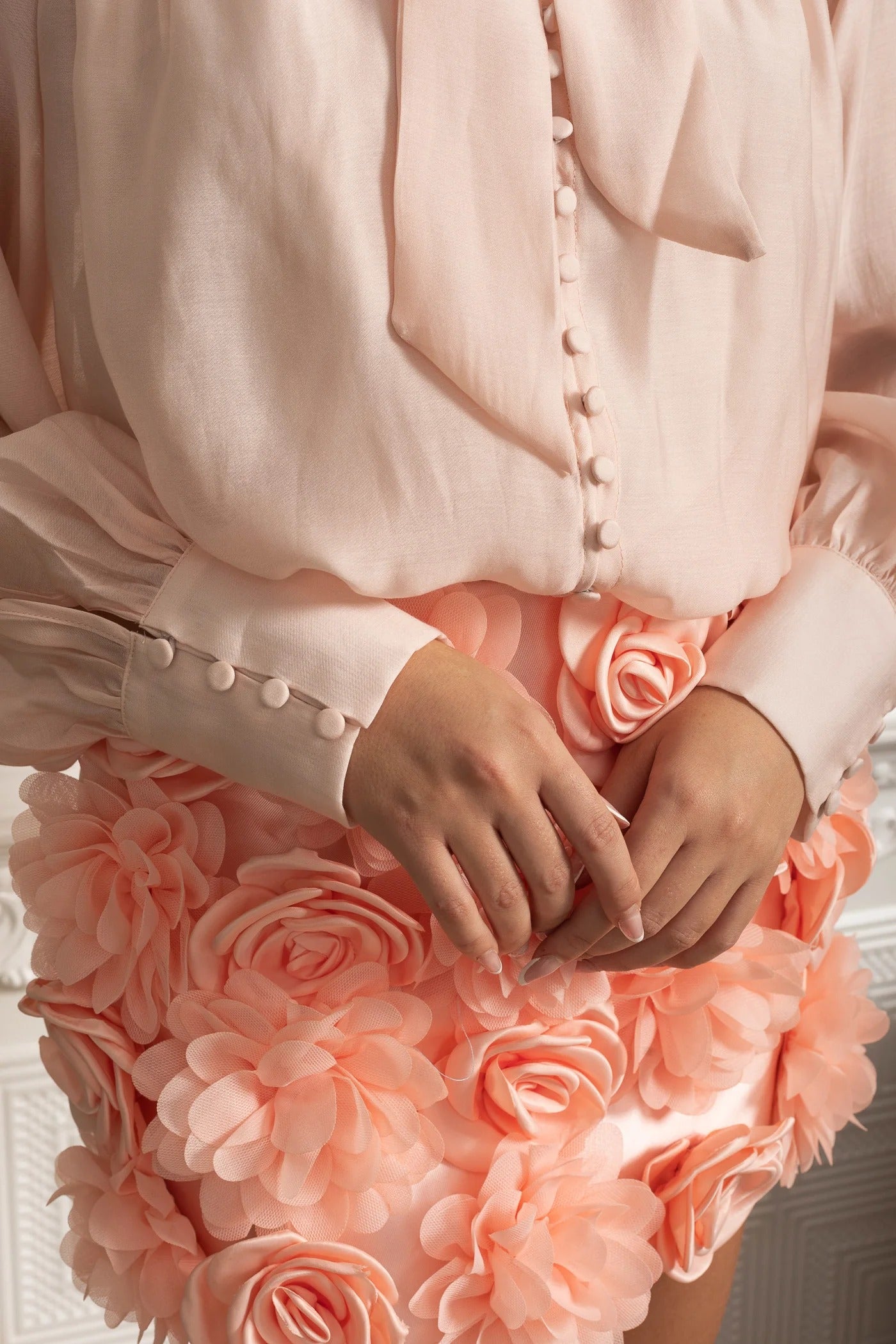 Bow Neck Blouse and 3D Floral Appliqué Mini Skirt Set - Pink