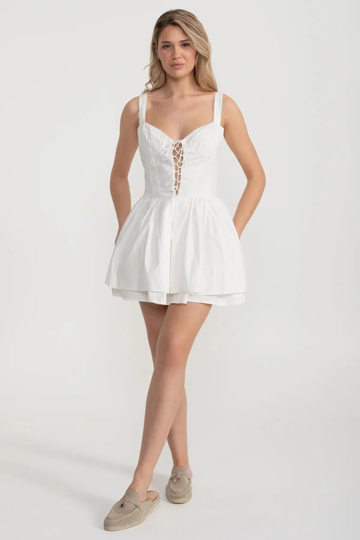 Corset Mini Dress with Lace-Up Front - White