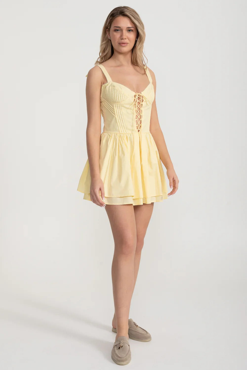 Corset Mini Dress with Lace-Up Front - Yellow