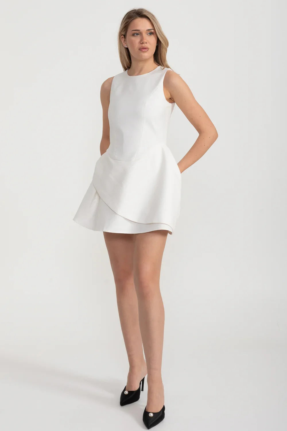 Sculpted Mini Dress with Overlapping Skirt Panel - White
