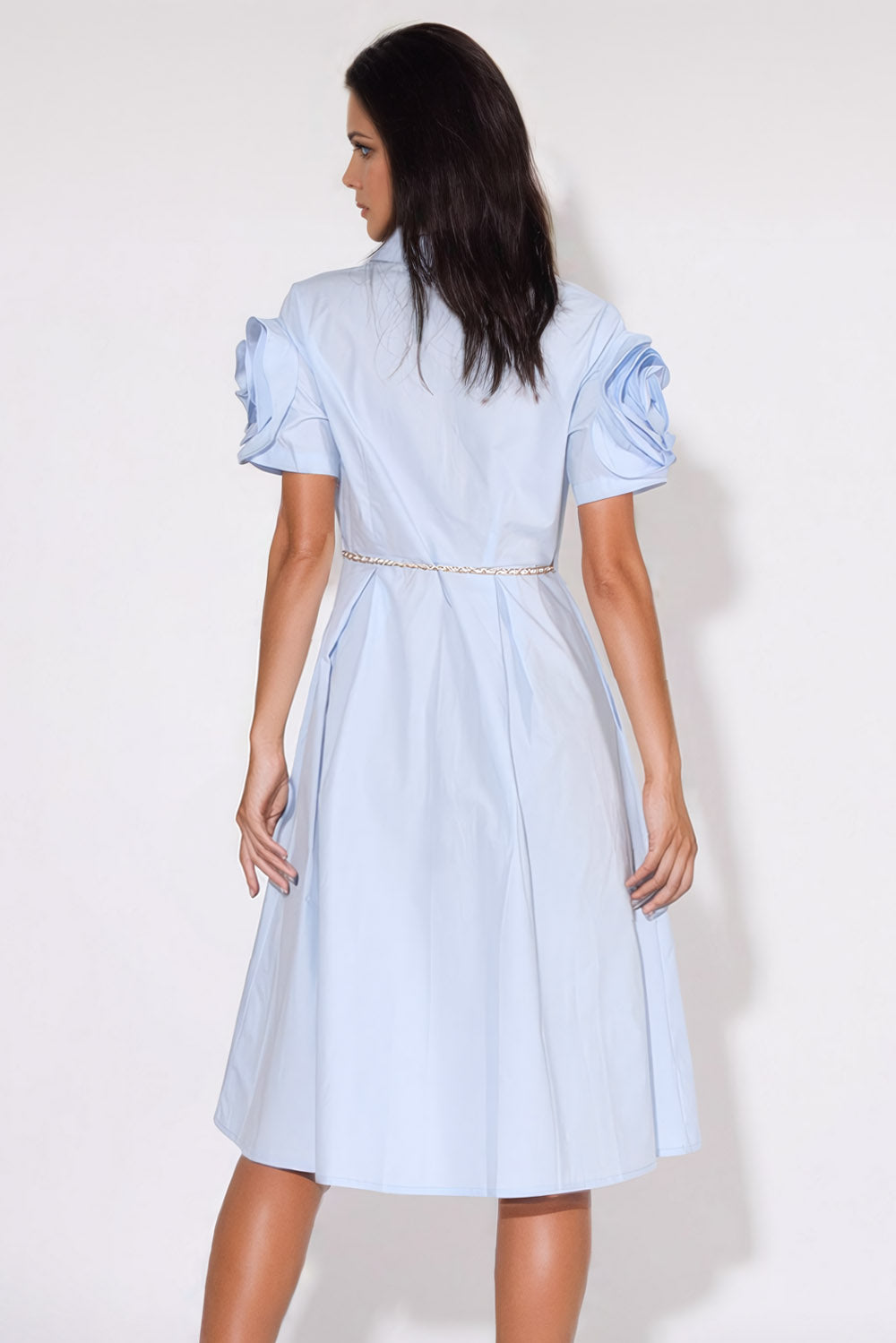 Midi Dress with Floral Accent and Chain Belt - Blue