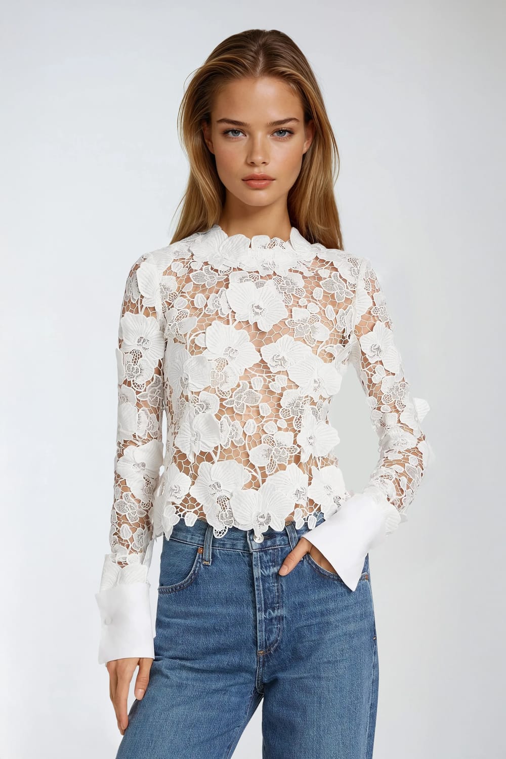 Floral Lace Long Sleeve Top - White