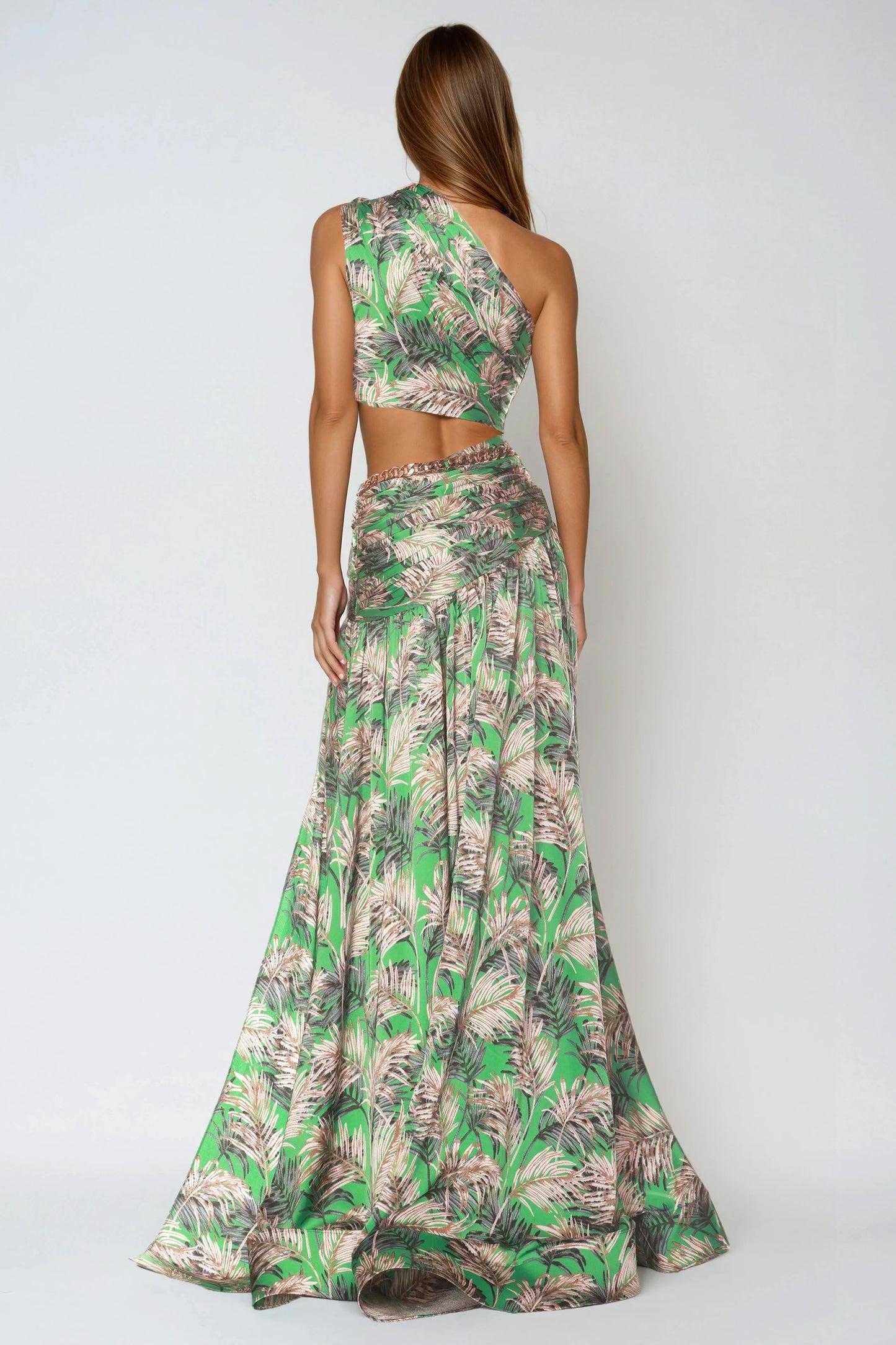 Two-Piece Set with Asymmetrical Top and High-Slit Maxi Skirt - Green