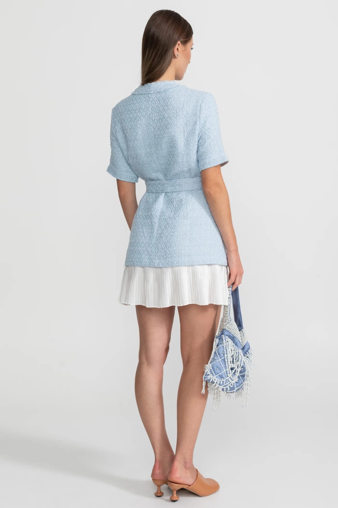 Short Sleeve Mini Dress with Belt and Pocket Detail - Blue