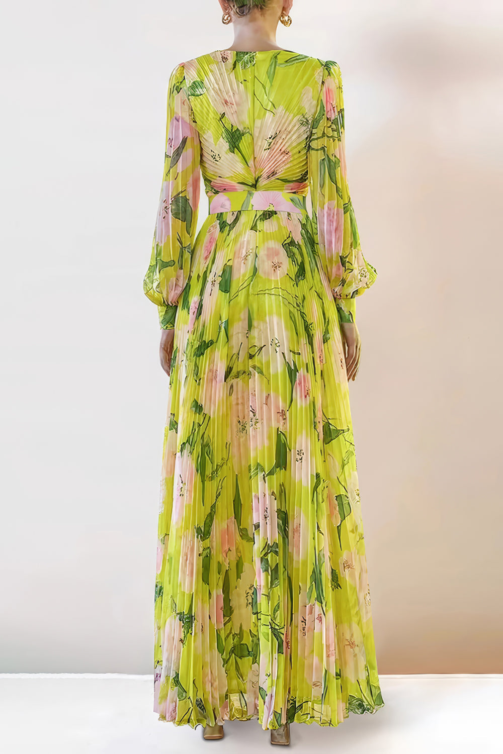 Pleated Floral Print Maxi Dress with Belted Waist - Yellow