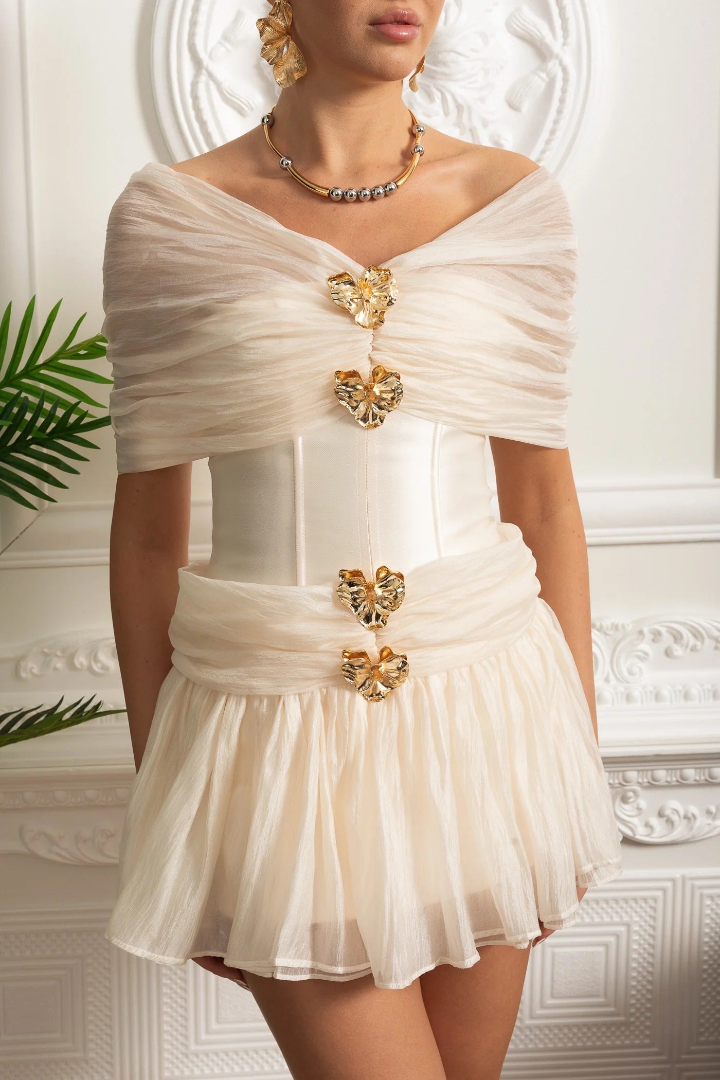 Draped Tulle Mini Dress With Corset Bodice and Gold Leaf Clasps - White