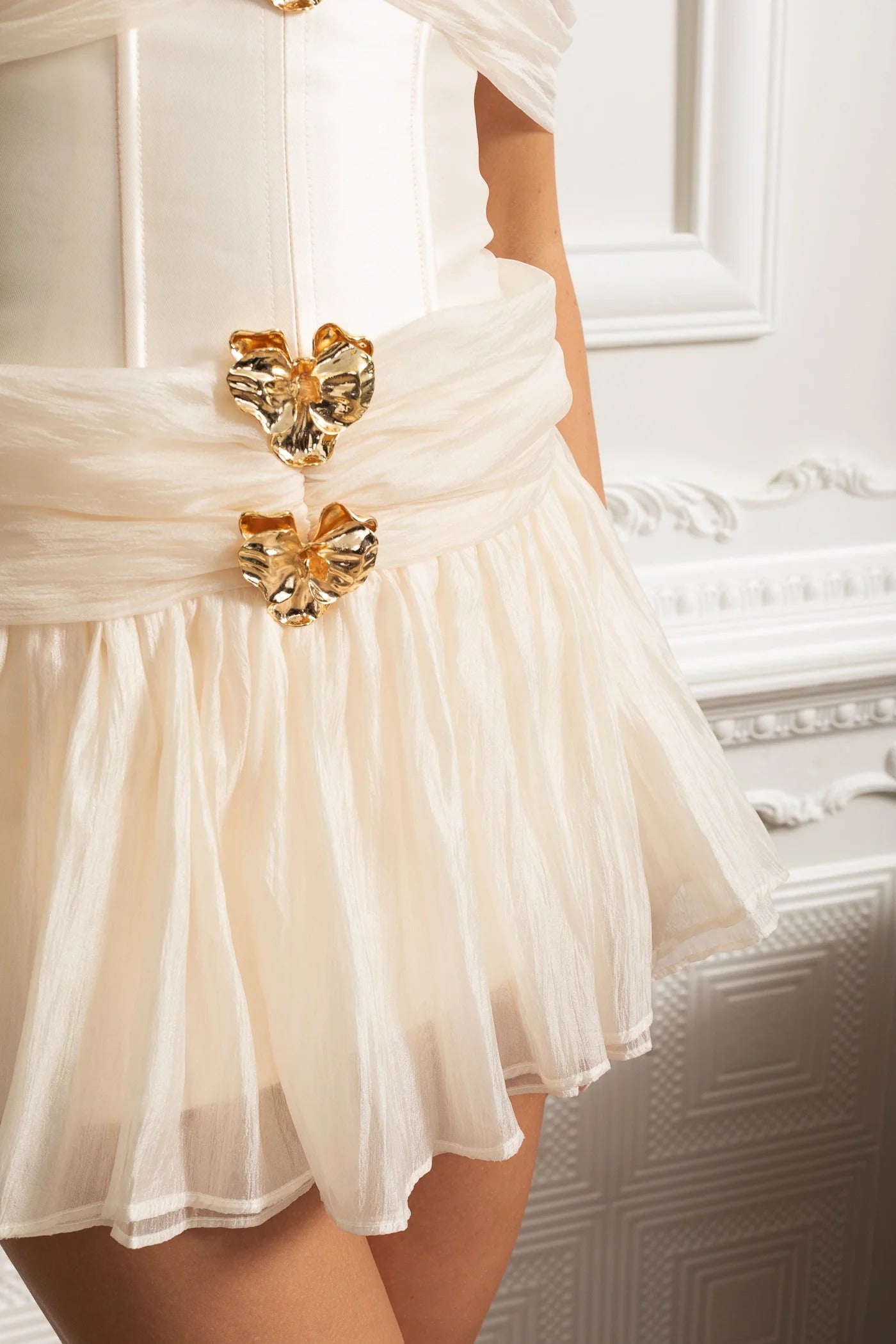 Draped Tulle Mini Dress With Corset Bodice and Gold Leaf Clasps - White