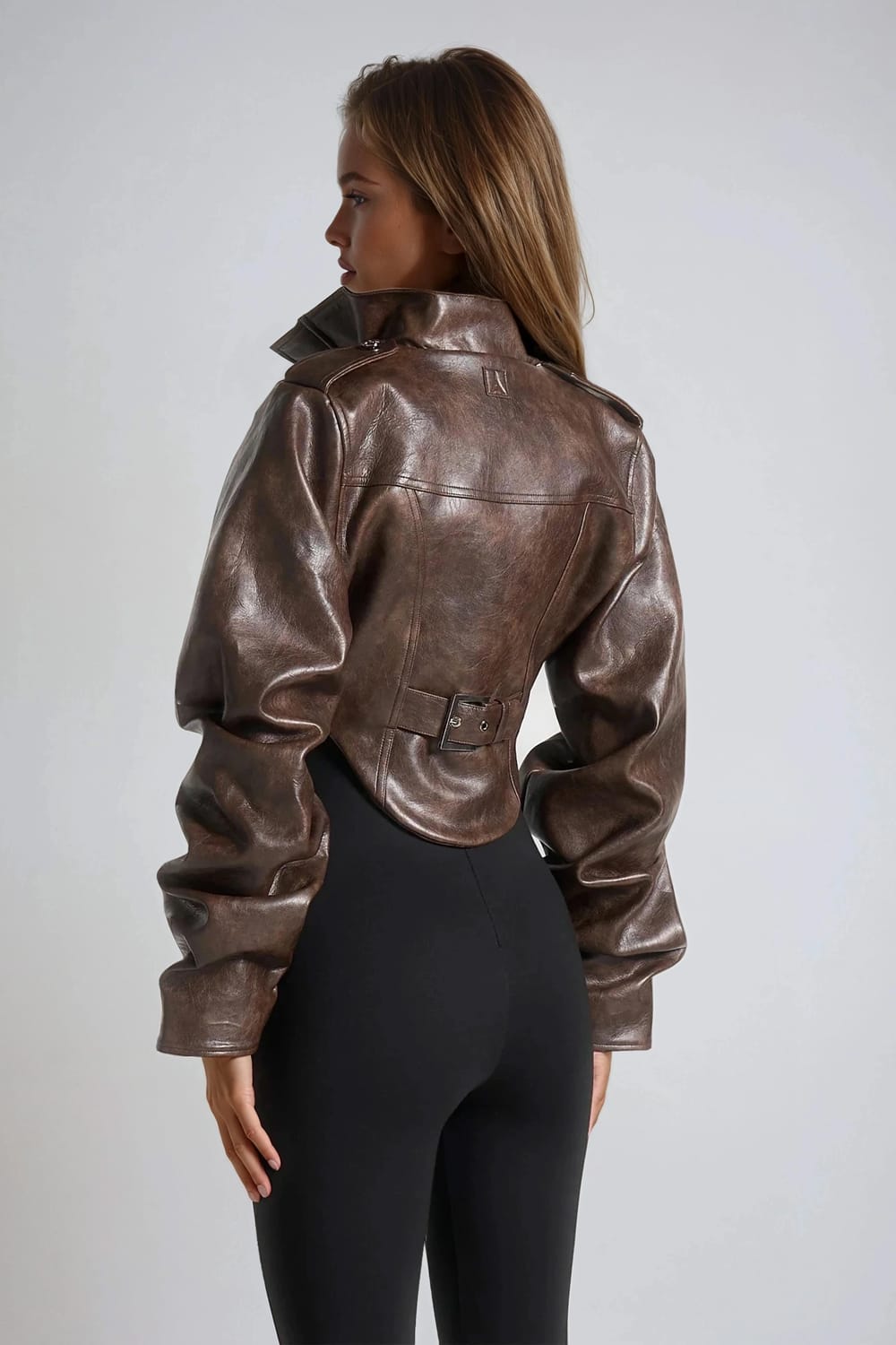 Cropped Leather Jacket with Belt Detail - Brown