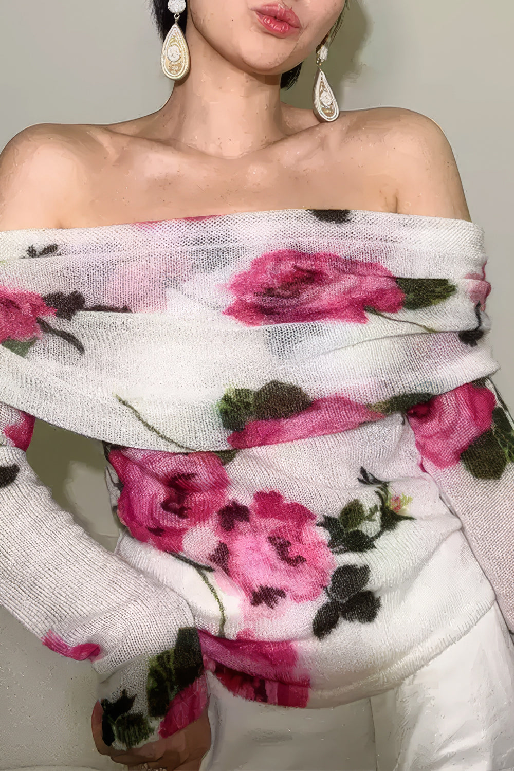 Off-Shoulder Floral Knit Sweater