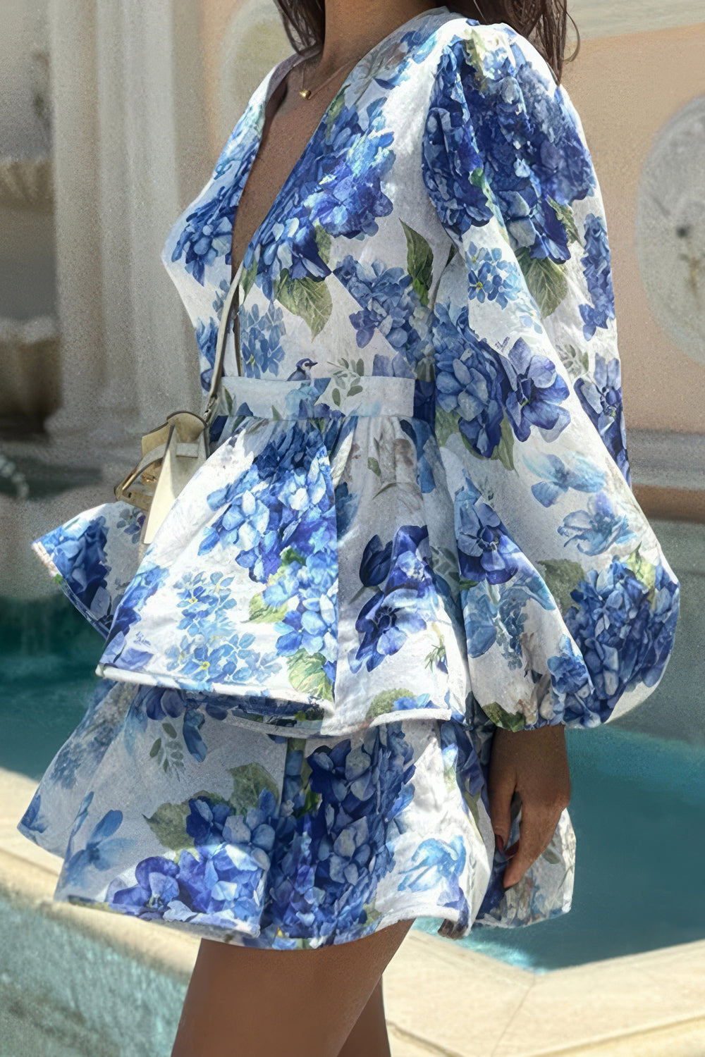 Floral Puff Sleeve Mini Dress with Layered Ruffles