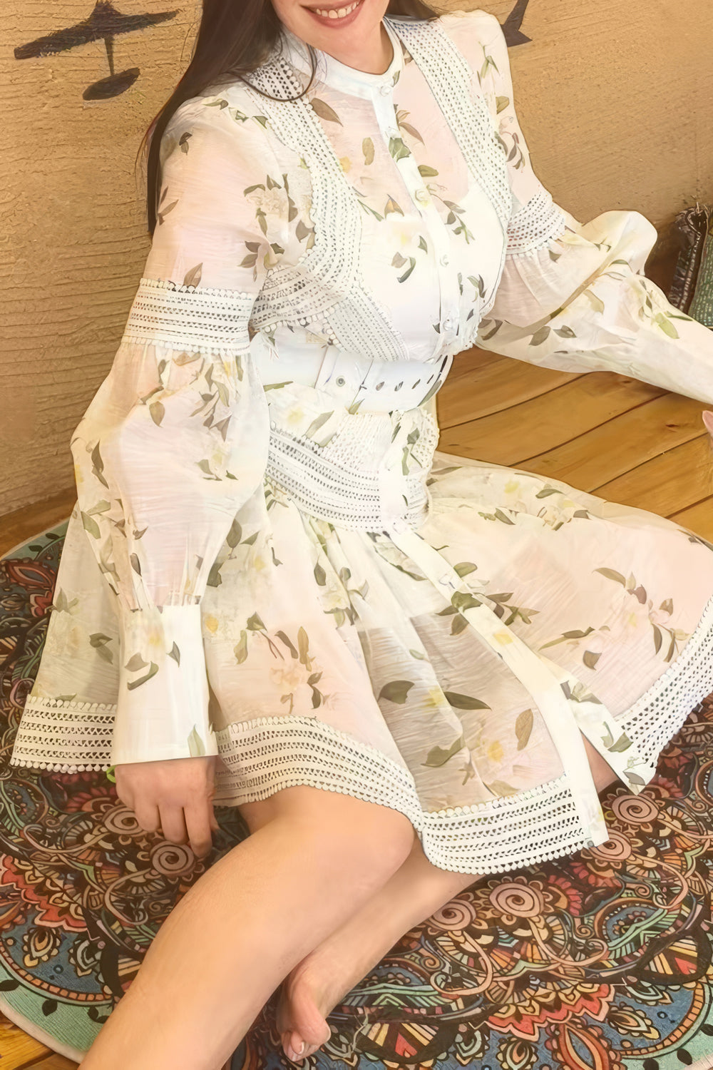 Floral Belted Midi Dress with Lace Detailing