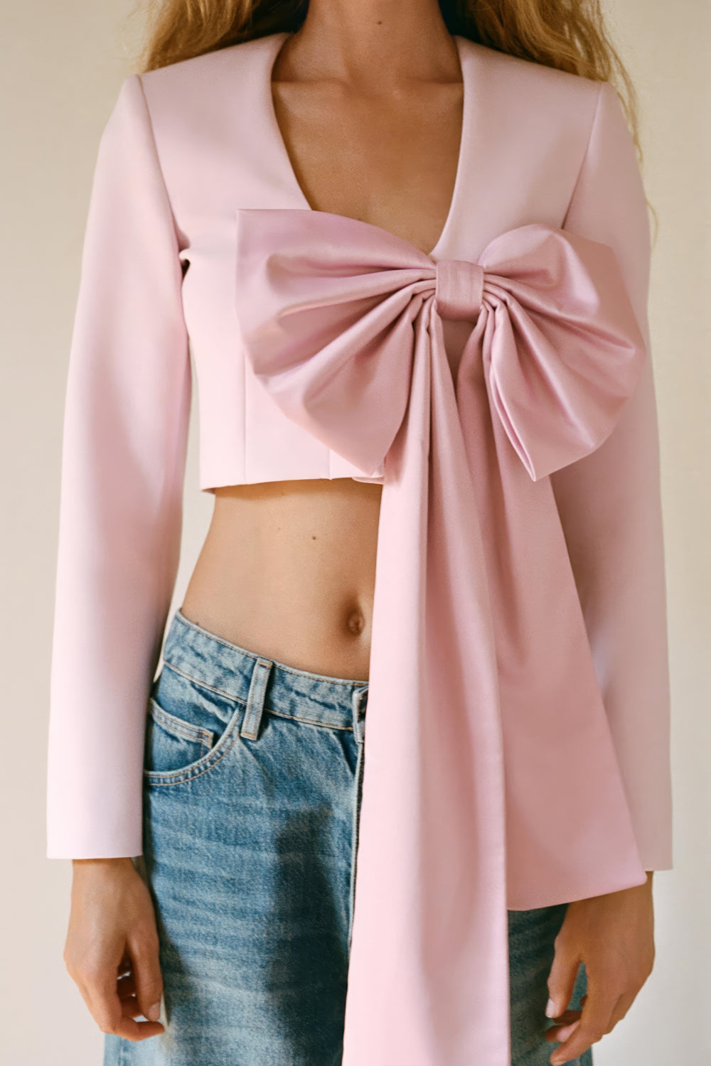 Cropped Blazer with Oversized Bow Detail