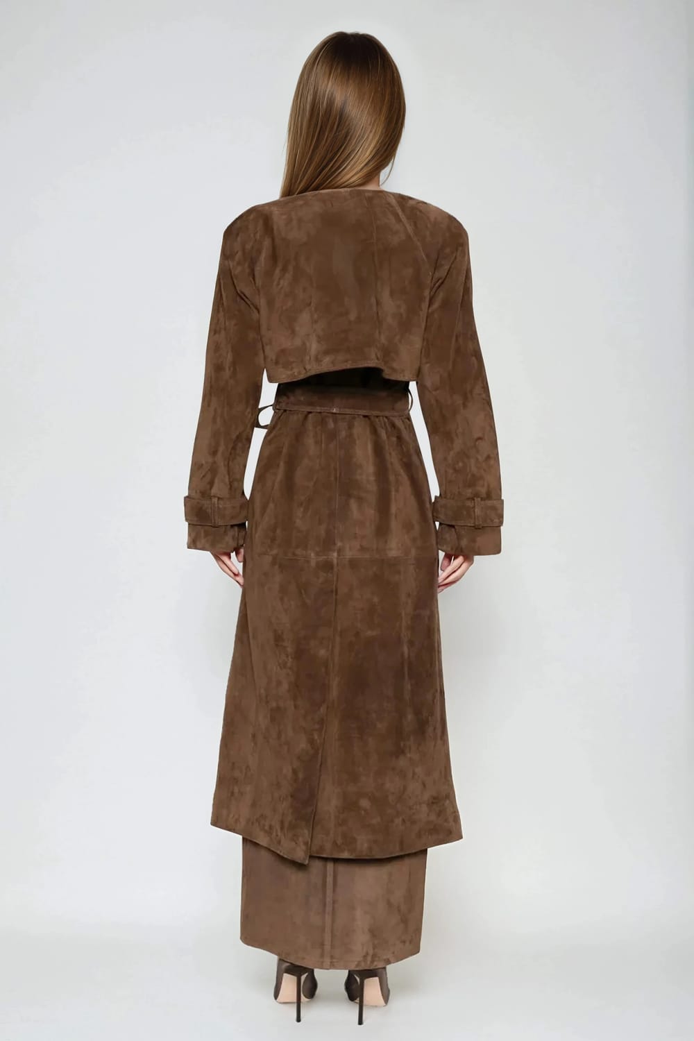 Long Coat with Double-Breasted Front and Tie Belt - Brown