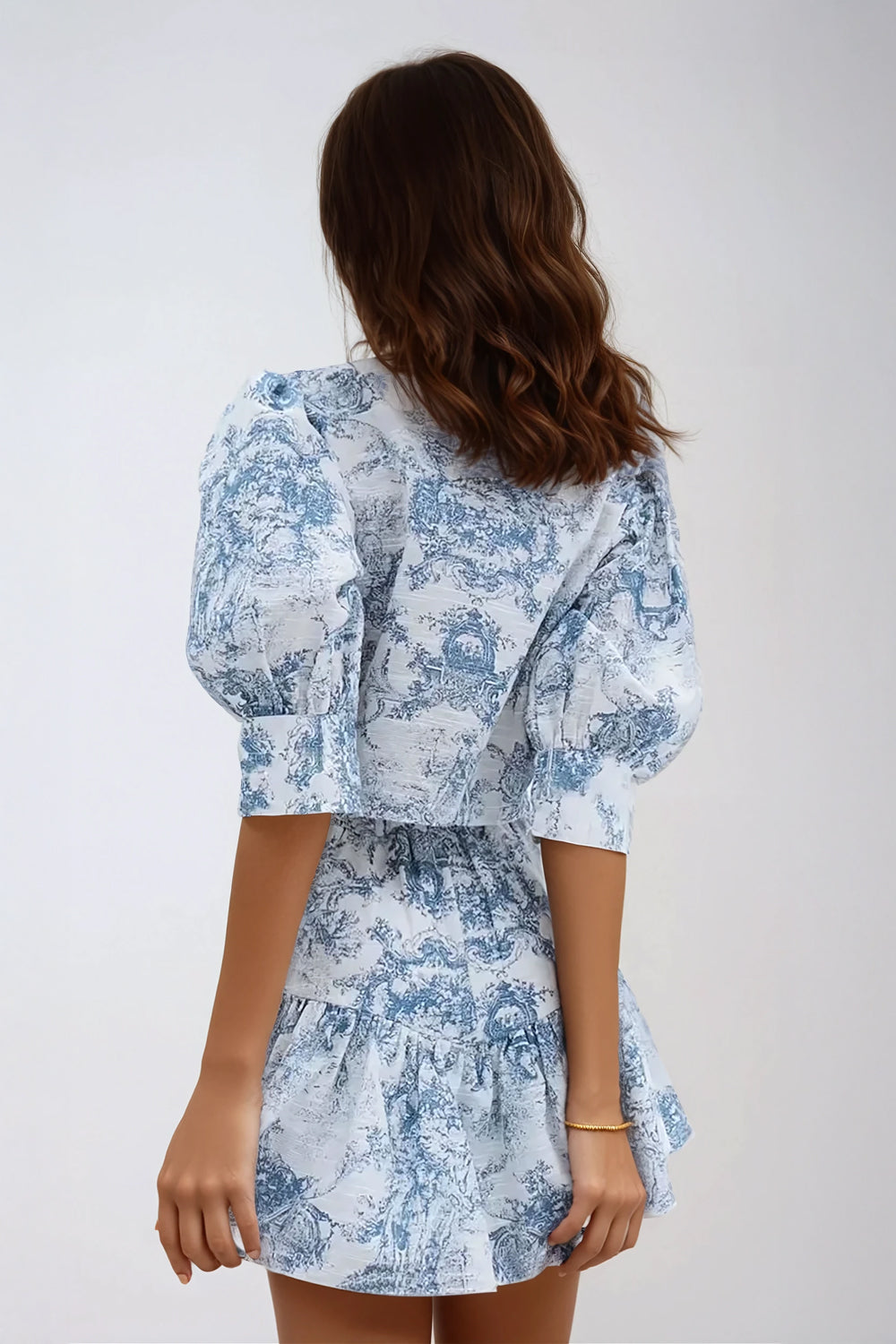 Two-Piece Set with Puff Sleeve Top and Pleated Mini Skirt - Blue