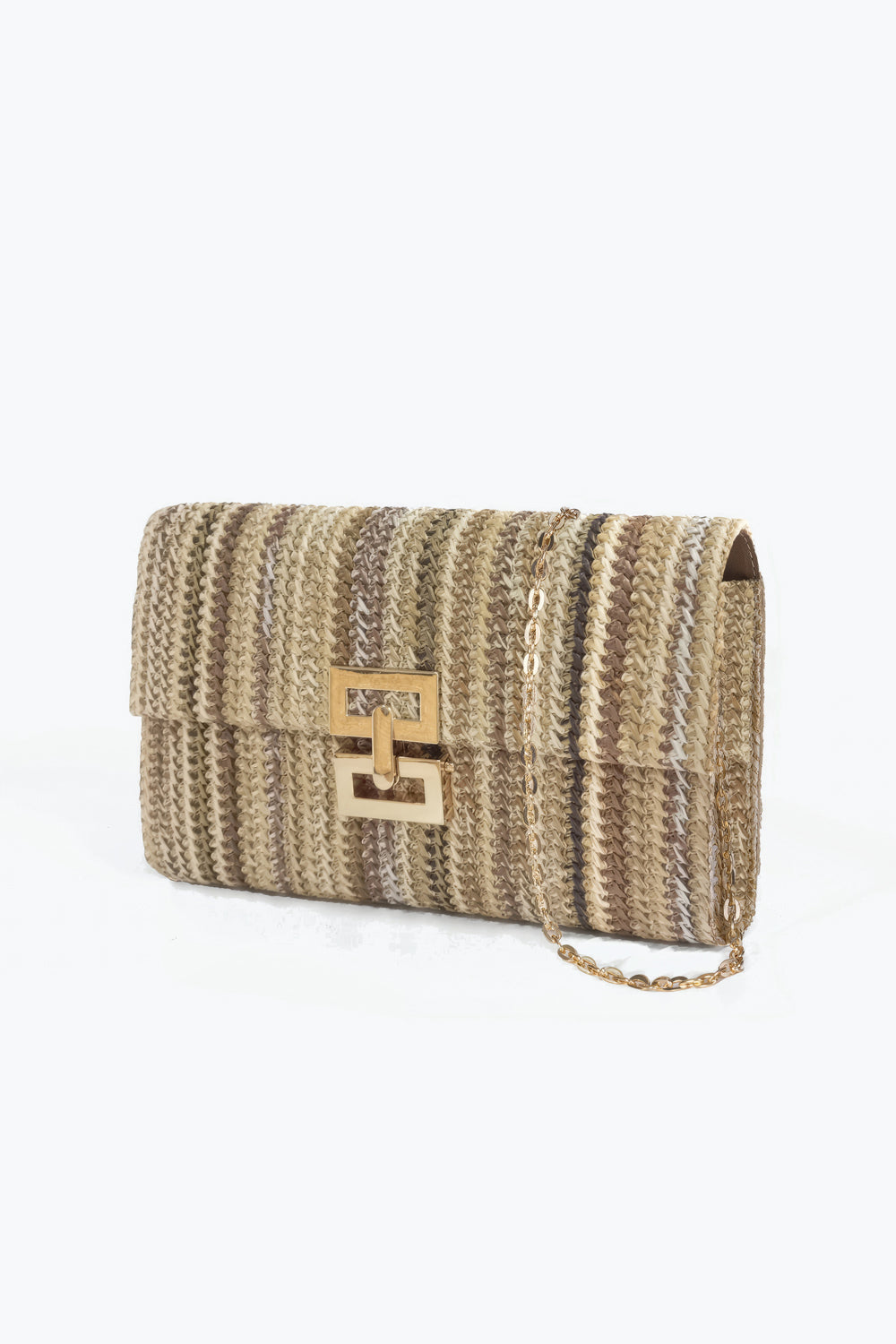 Woven Clutch Bag with Gold Chain Strap and Decorative Clasp
