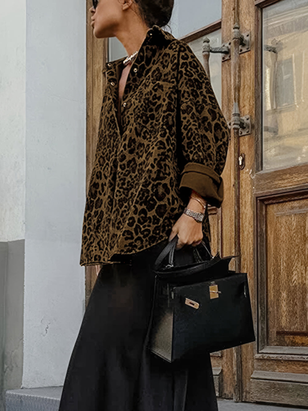 Oversized Leopard Print Shirt - Brown