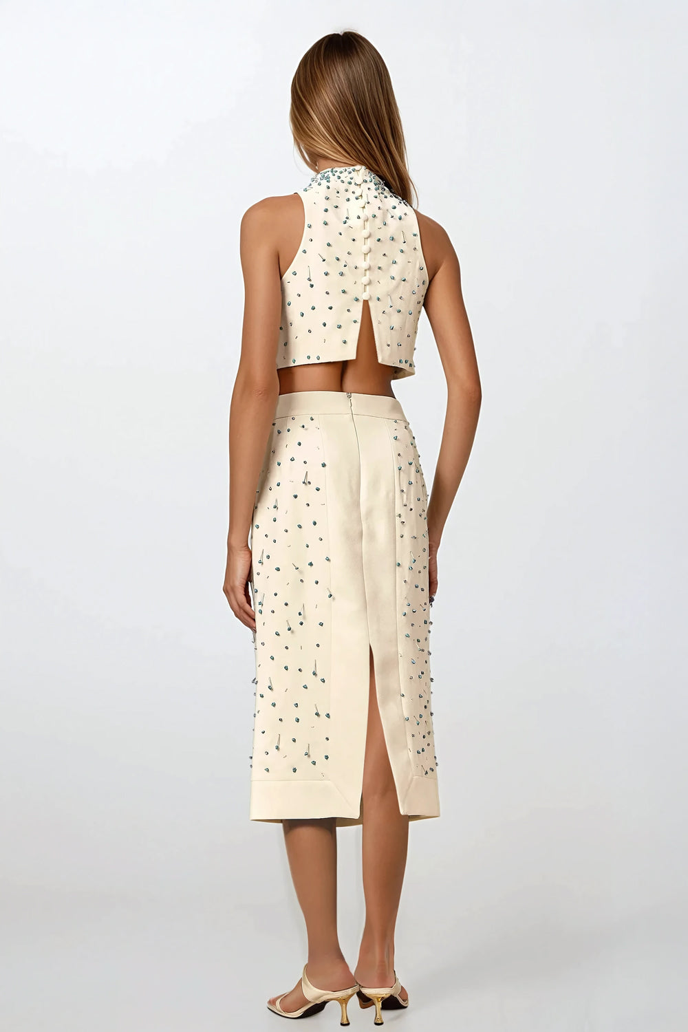 Two-Piece Set with Beaded Sleeveless Top and Midi Skirt - Apricot
