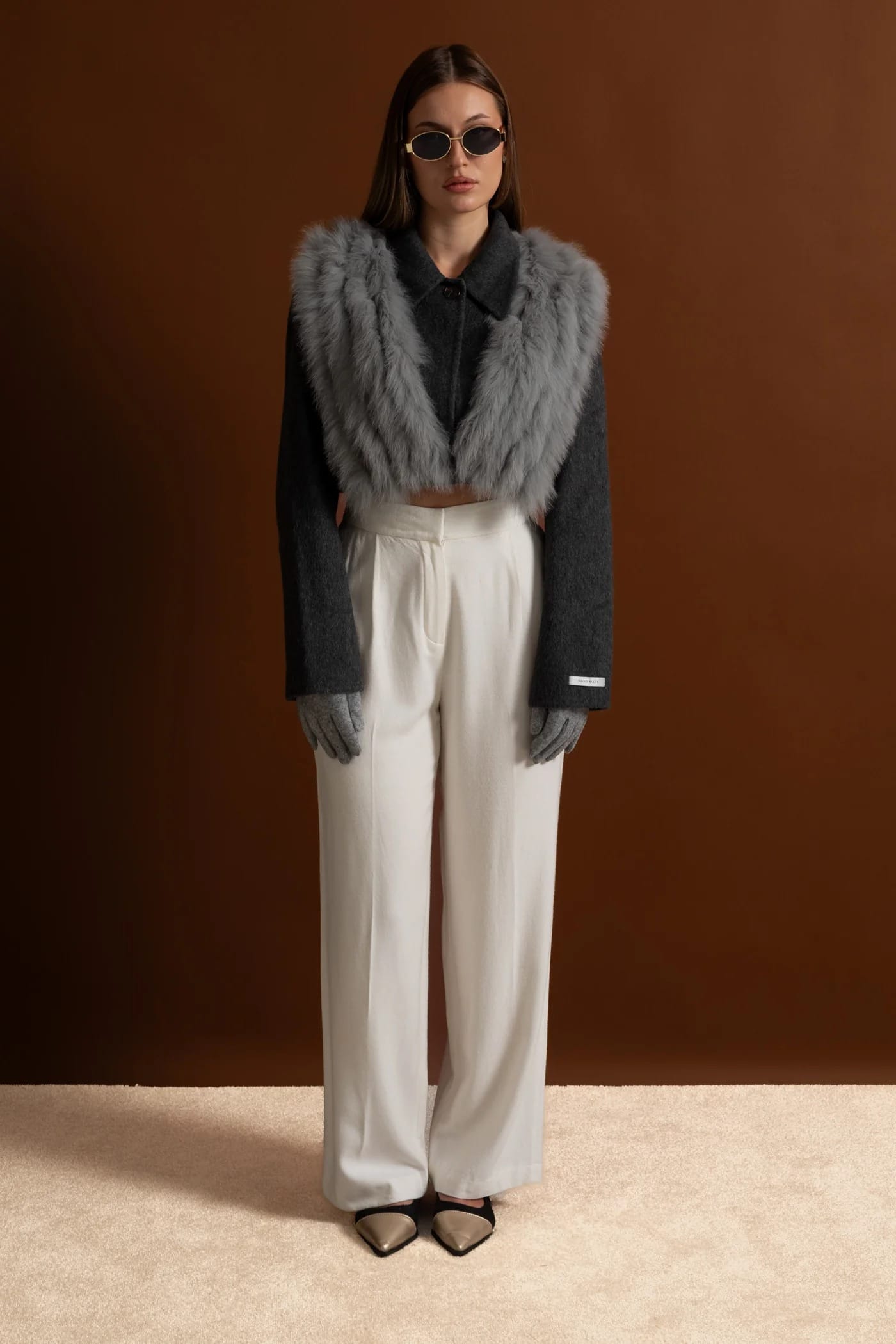 Cropped Jacket with Fur Trim - Gray