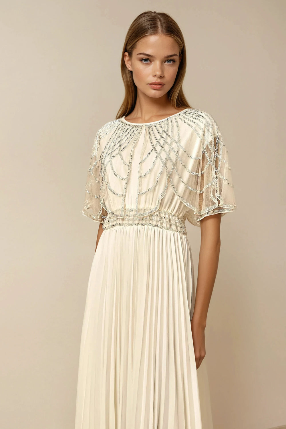Embellished Pleated Maxi Dress with Sheer Cape Sleeves - White
