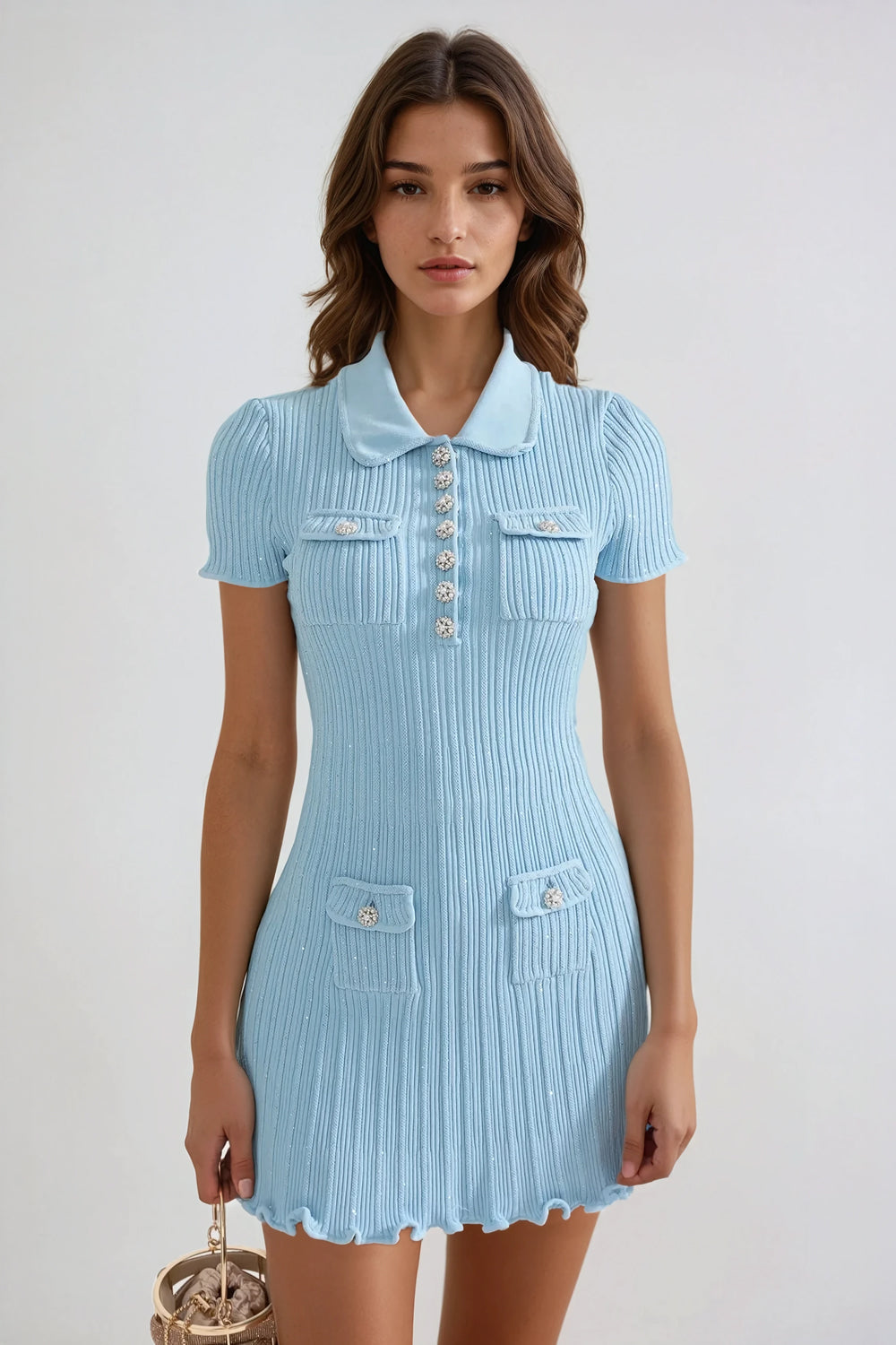 Knitted Diamond Studded Mini Dress - Blue