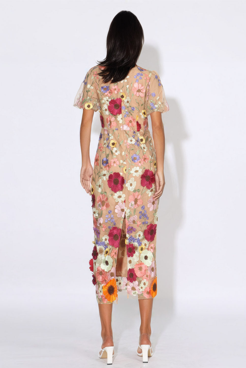 Floral Midi Dress with Back Slit - Beige