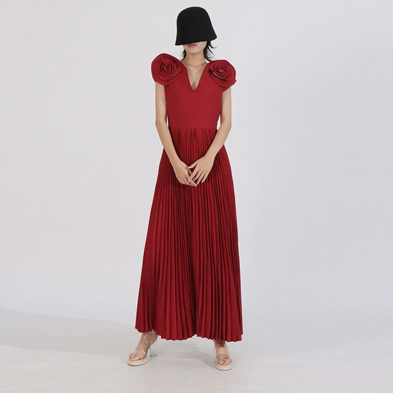 Pleated Maxi Dress with Shoulder Rosettes - Red