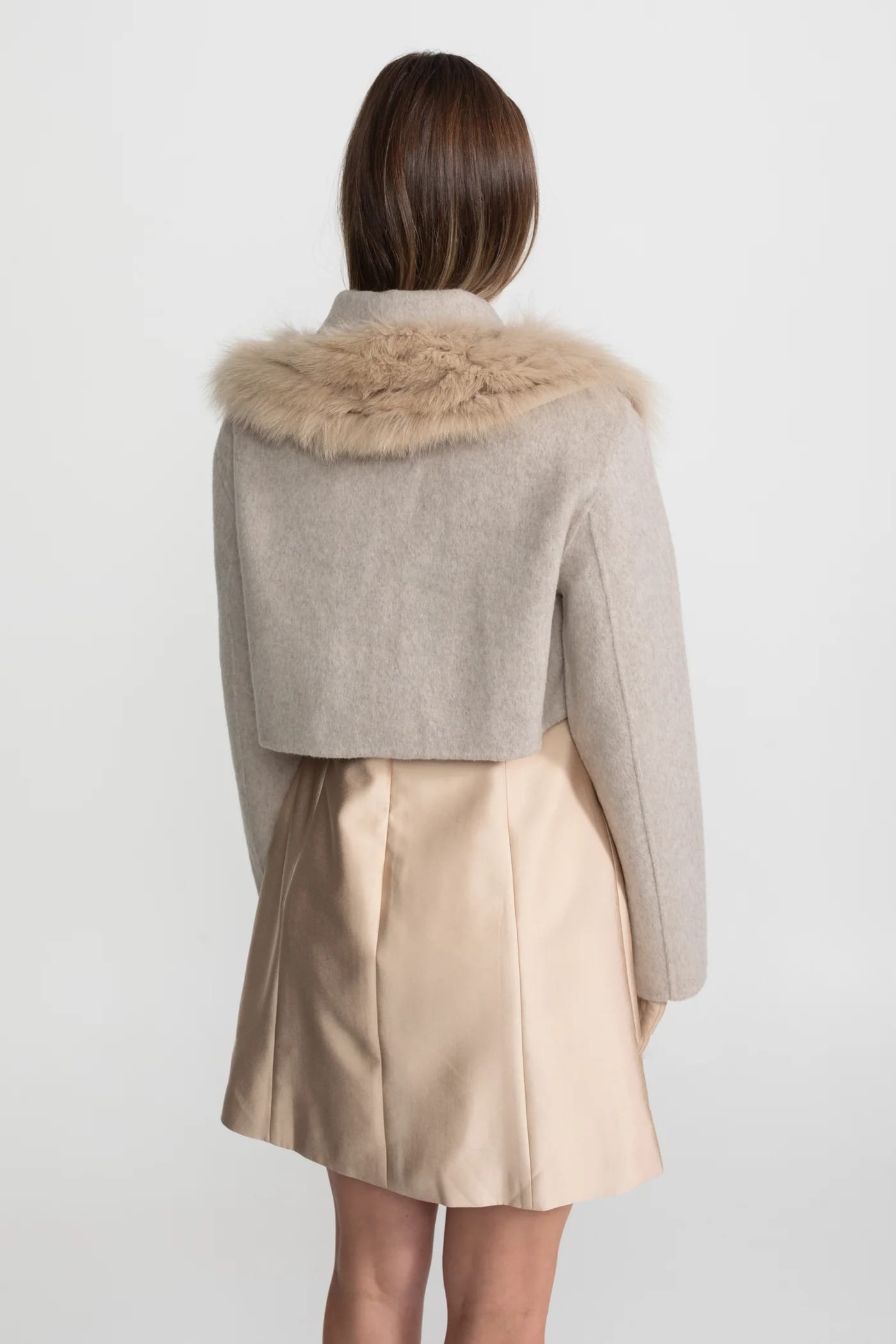 Cropped Jacket with Fur Trim - Beige