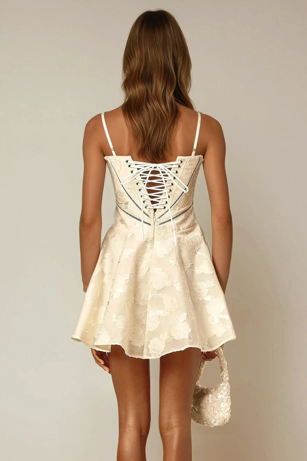 Mini Dress with Lace-Up Back and Flared Skirt - White