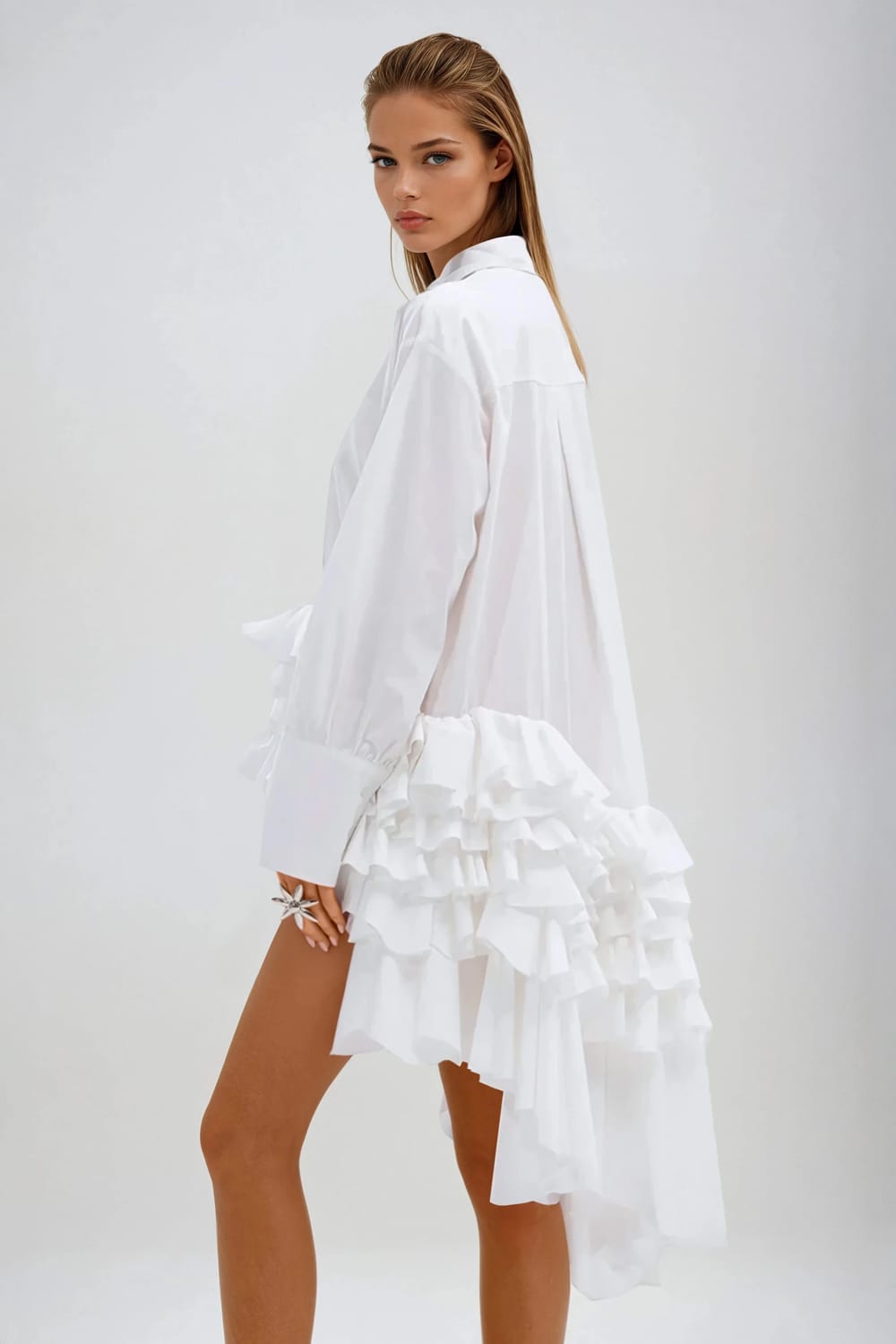 Ruffle Detail Asymmetrical Mini Dress - White
