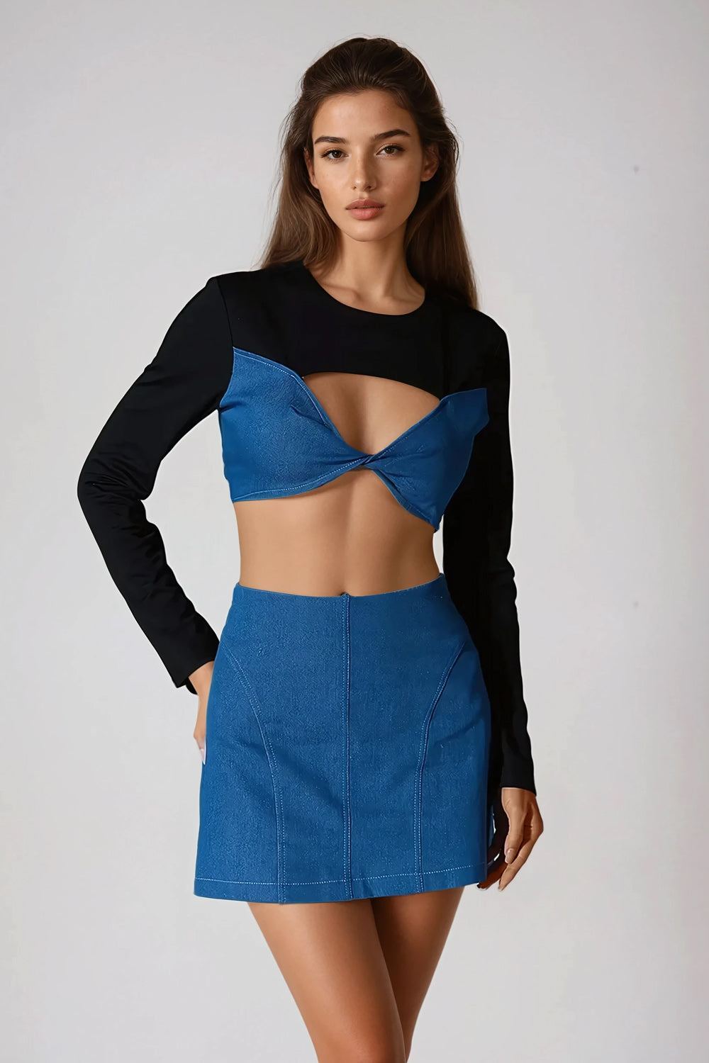 Two-Piece Set with Long-Sleeve Crop Top and Mini Skirt - Blue