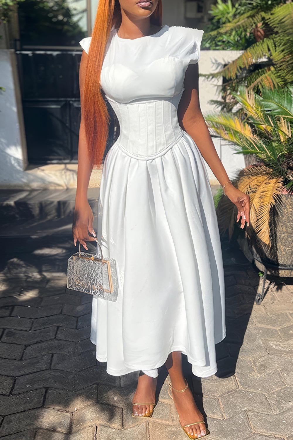 Structured Corset Midi Dress with Cap Sleeves