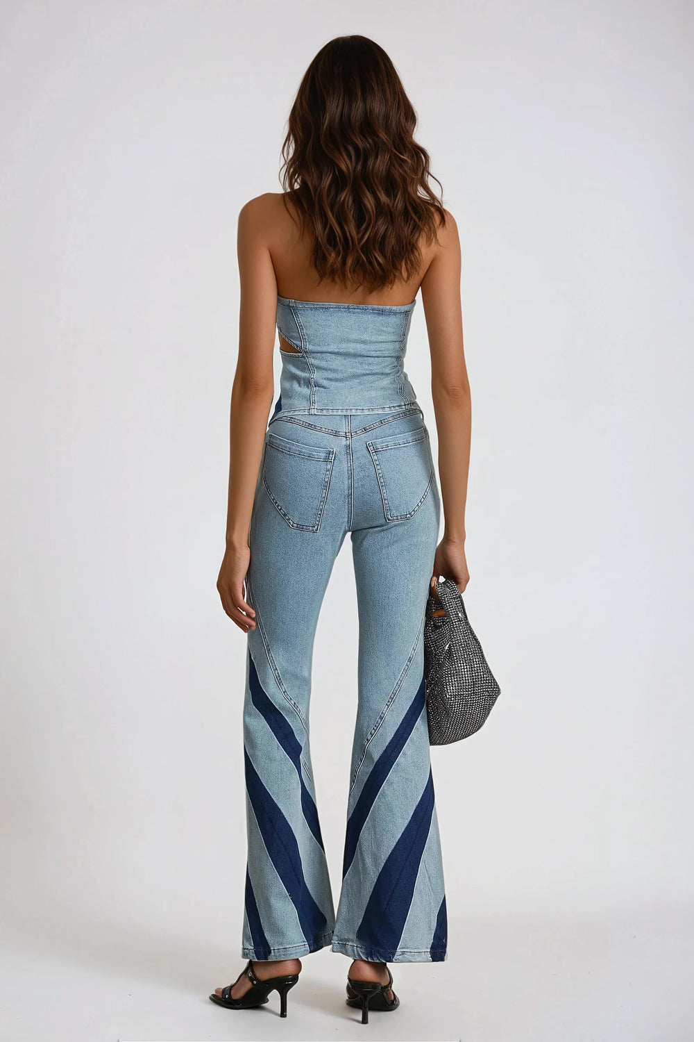 Two-Piece Set with Denim Strapless Top and Flared Pants - Blue