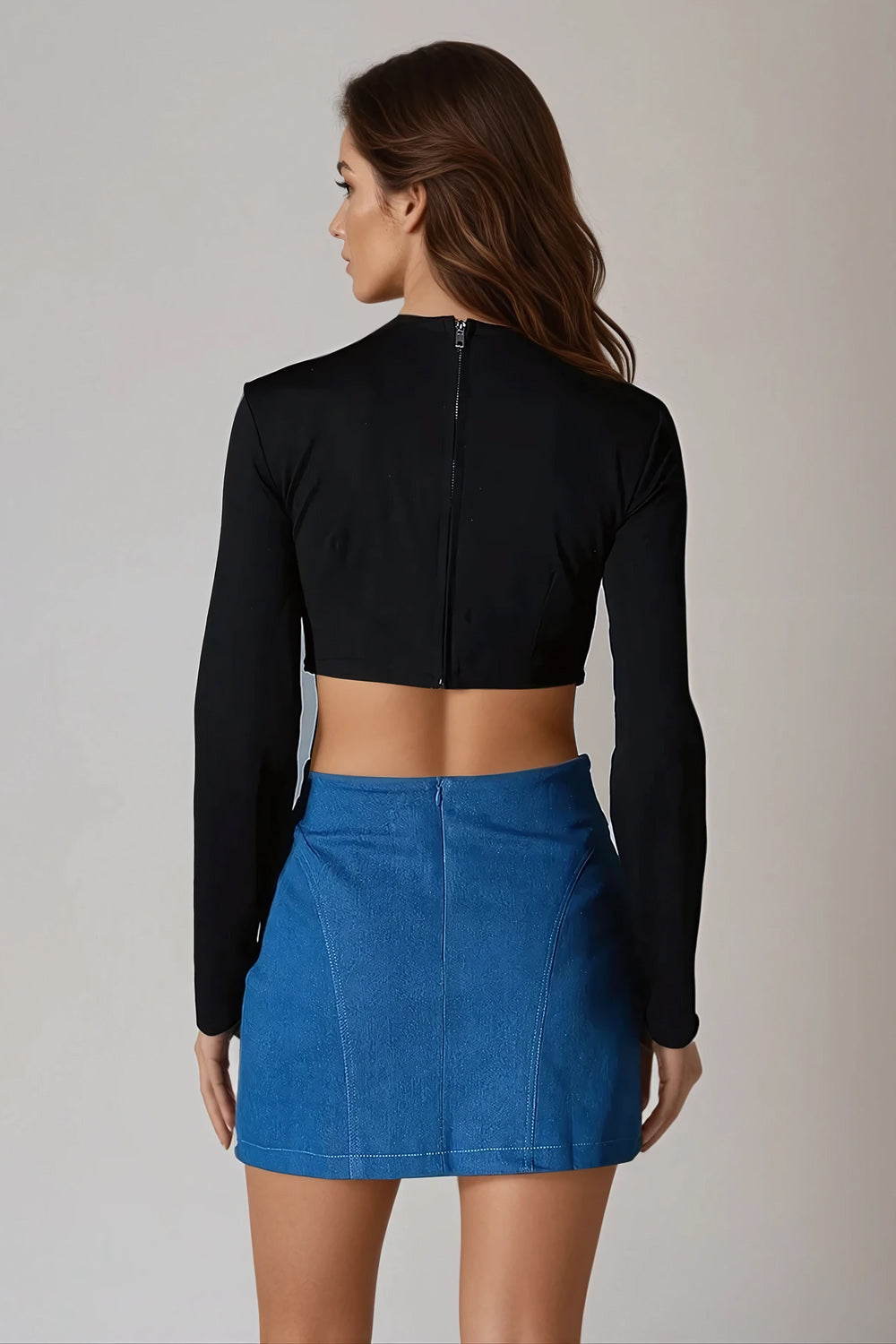 Two-Piece Set with Long-Sleeve Crop Top and Mini Skirt - Blue