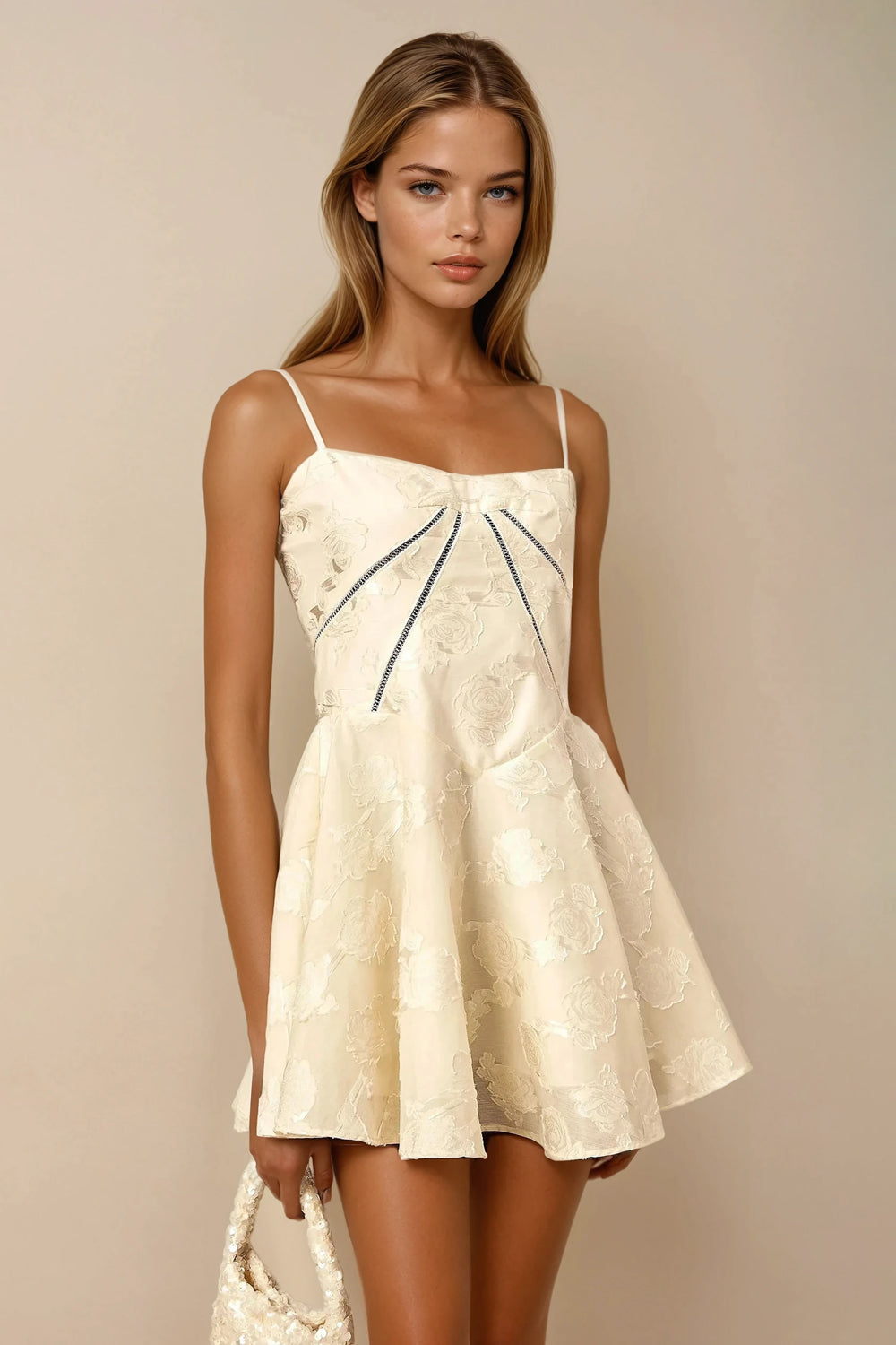Mini Dress with Lace-Up Back and Flared Skirt - White
