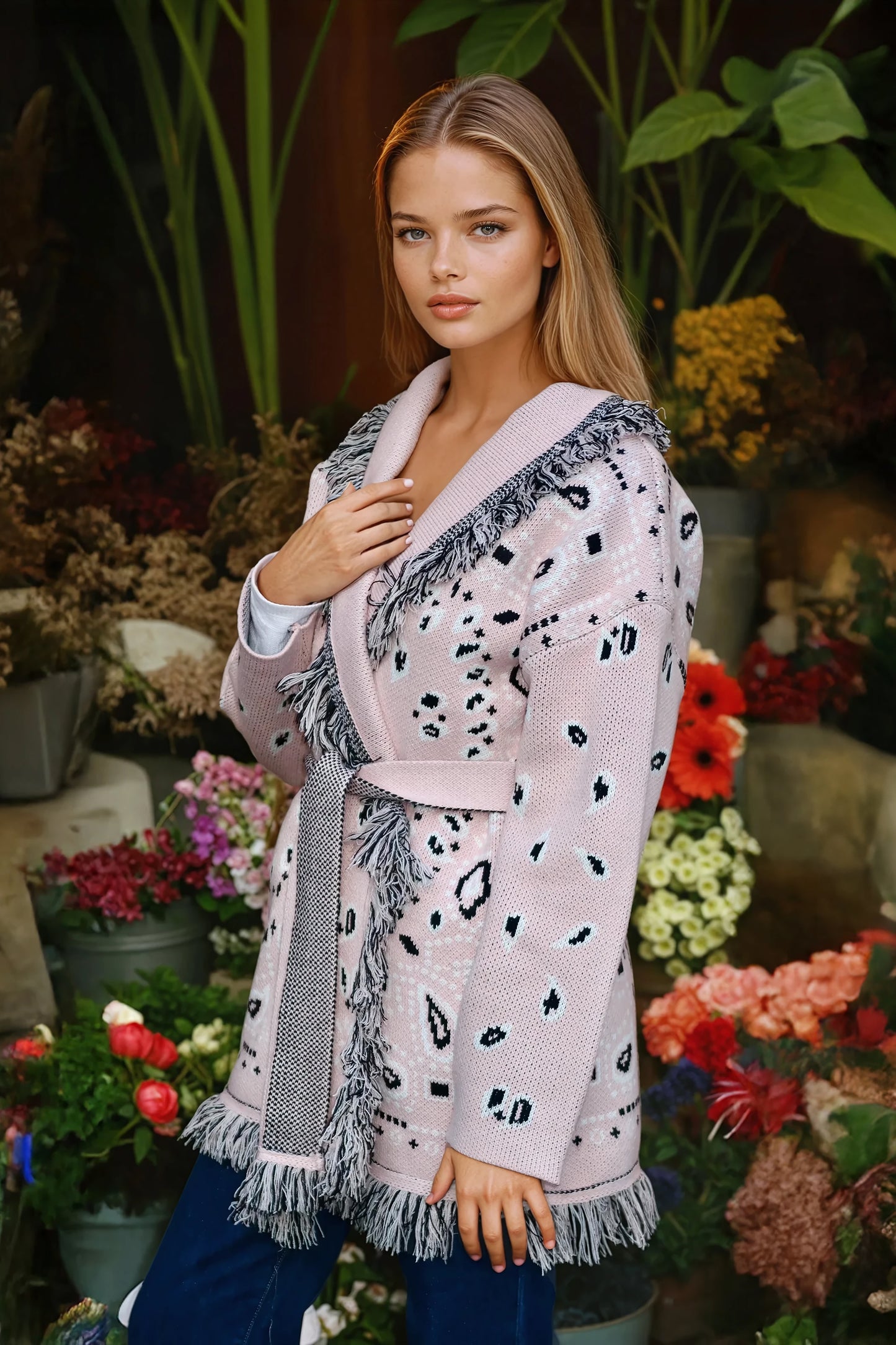 Belted Knit Cardigan with Pattern and Fringe Trim - Pink