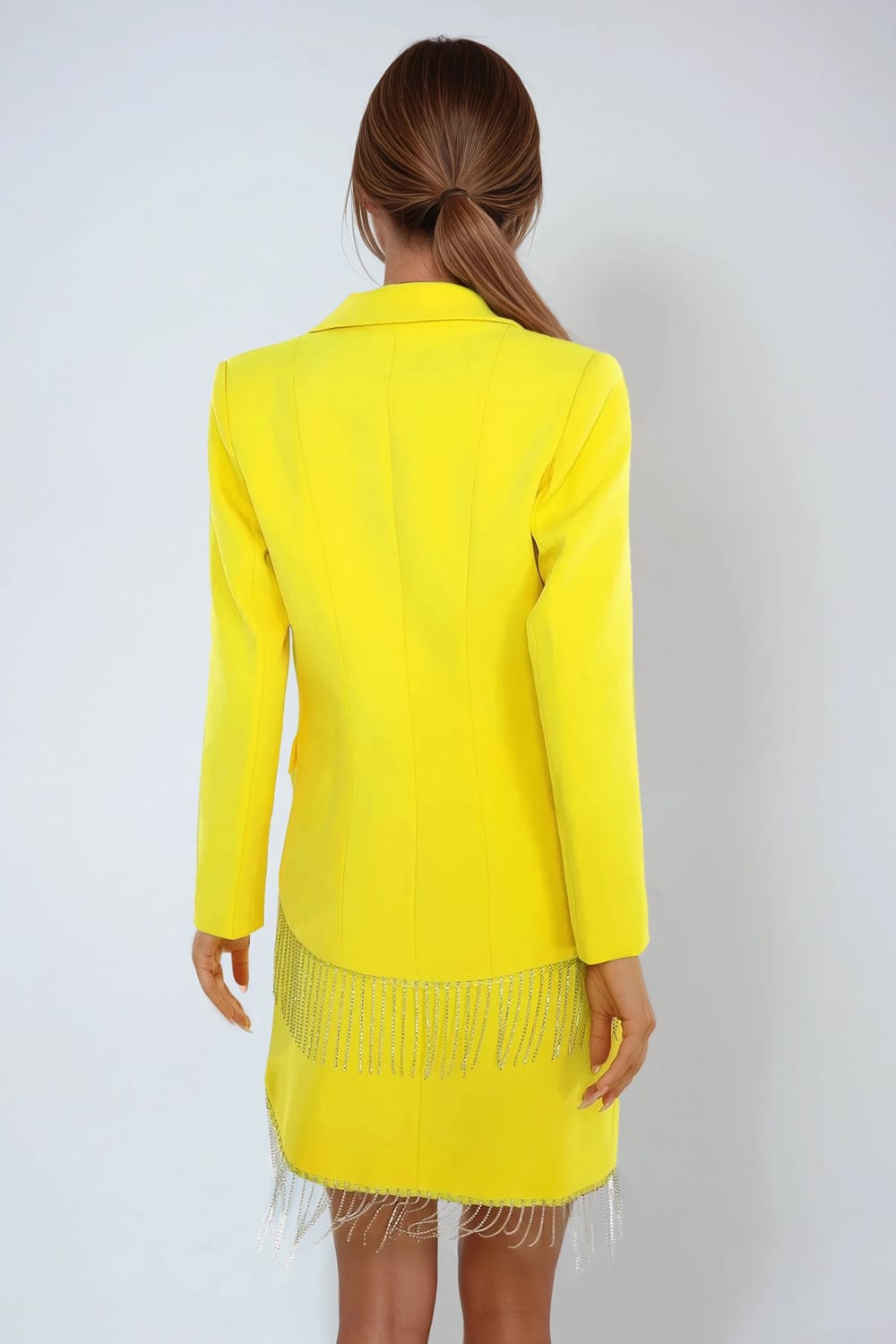 Two-Piece Set with Blazer and Mini Skirt Fringe Detail - Yellow