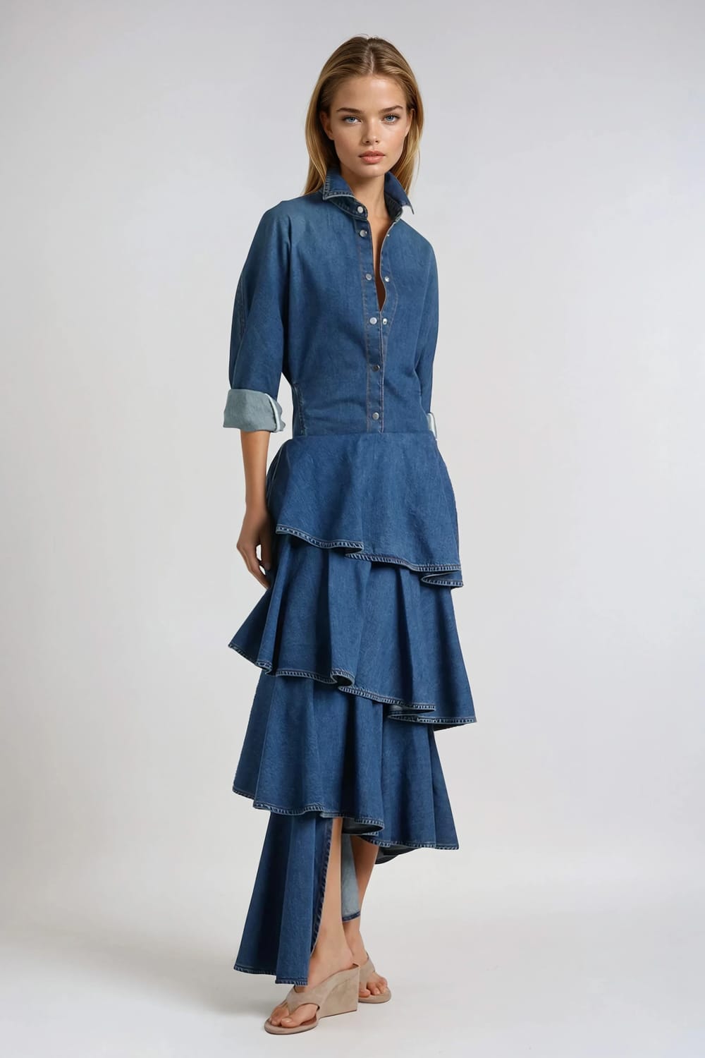 Two-Piece Set with Button-Up Denim Shirt and Tiered Maxi Skirt - Blue